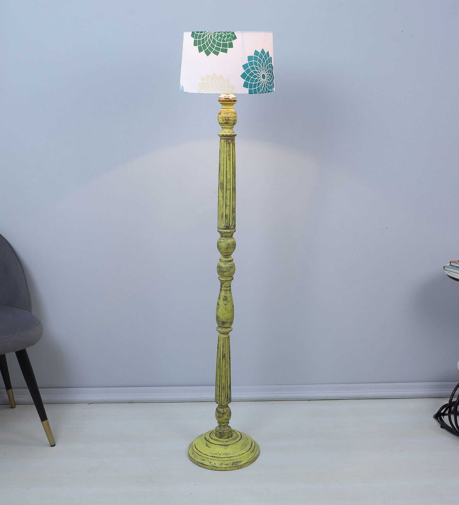 Classic Rustic Yellow Mango Wood Base Floor Lamps Dahlia Floral Print Satin Shade