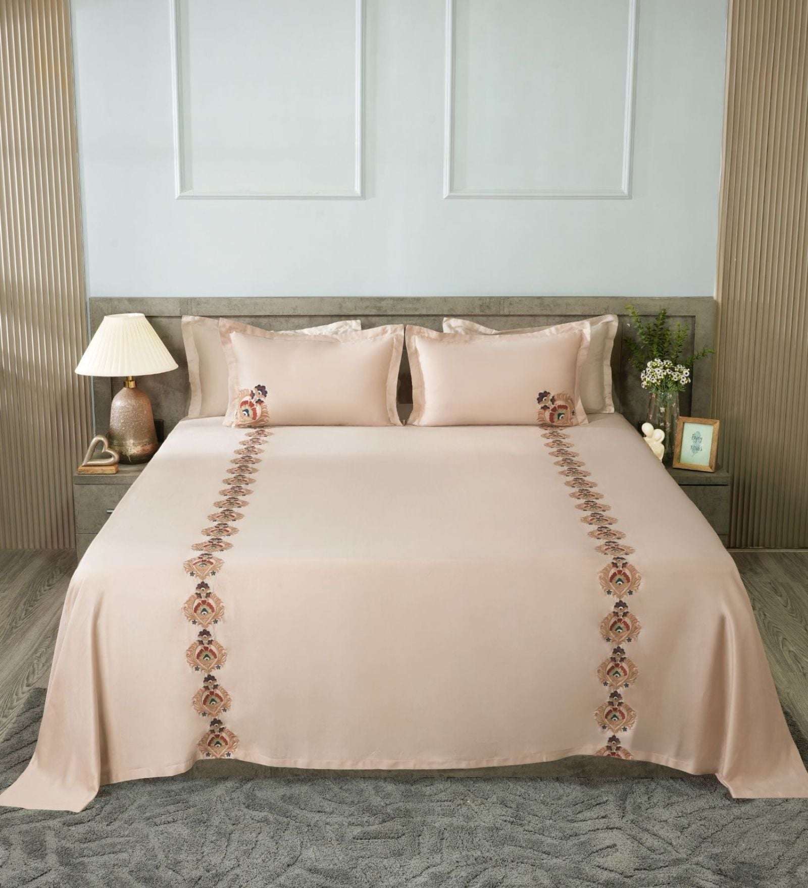 Classic Sand 300TC 100% Cotton Solids Flat Embroidered Super King Bedsheet With 2 Pillow Covers