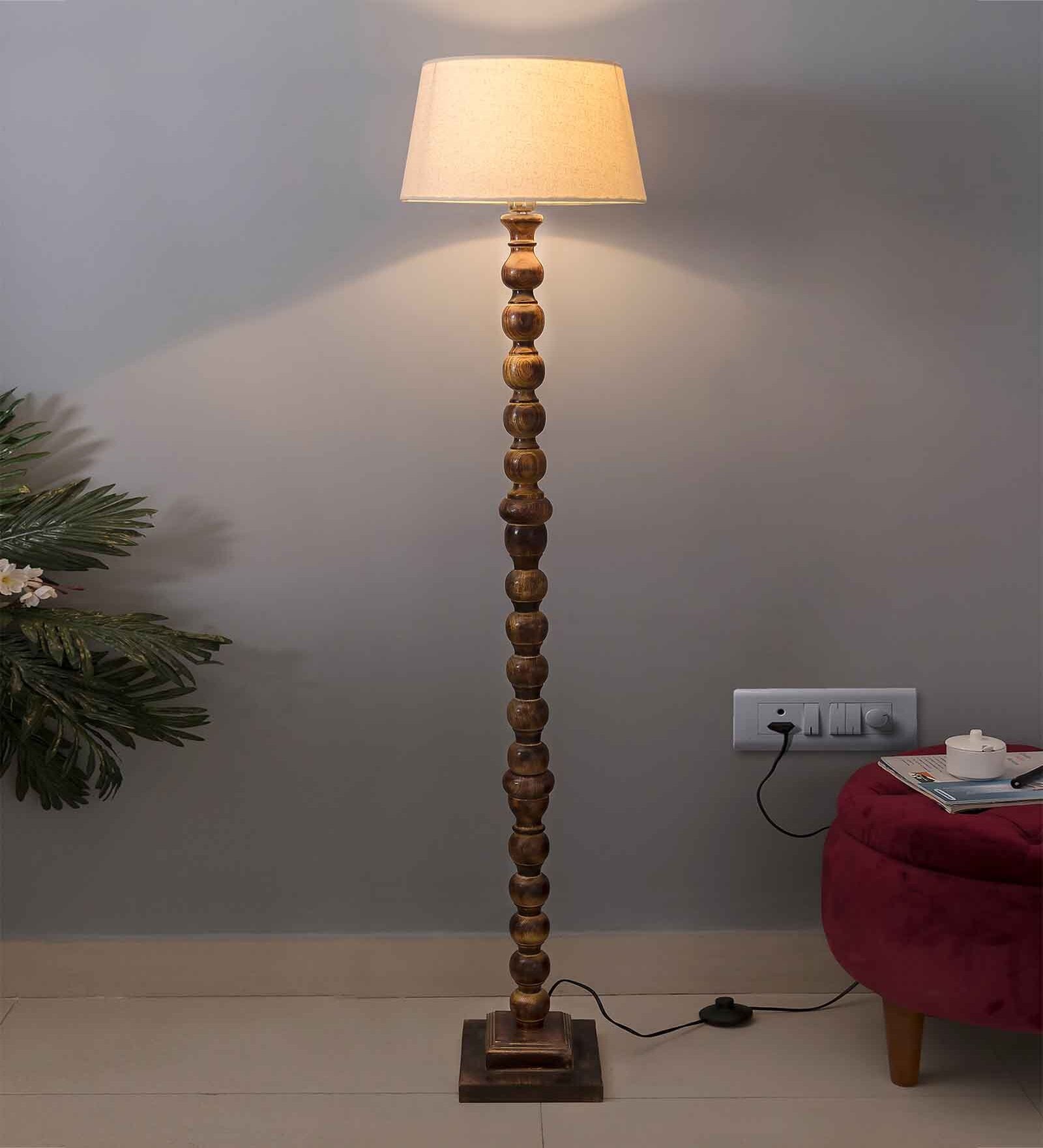 Classic Sphere Ball Antique Black Finish Wooden Floor Lamp with Khadi Shade