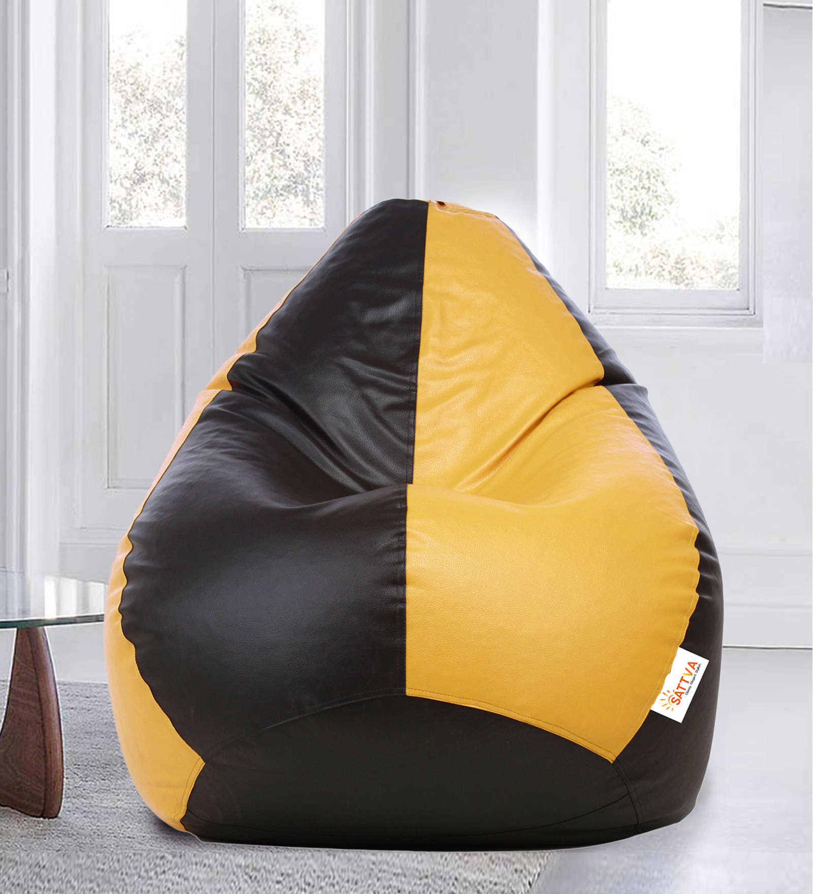 Classic XXL Leatherette Bean Bag with Beans in Black & Yellow Colour