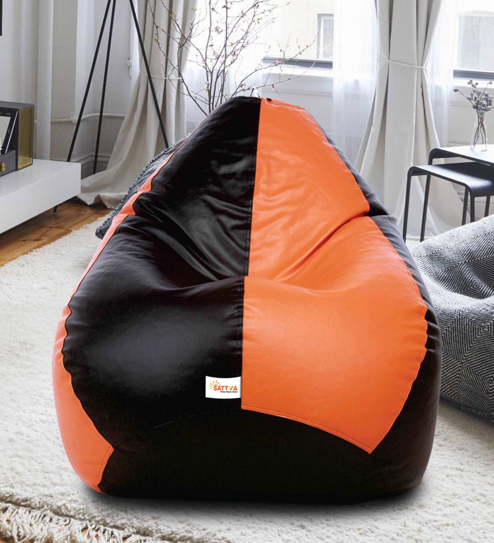 Classic XXXL Leatherette Bean Bag with Beans in Black & Orange Colour