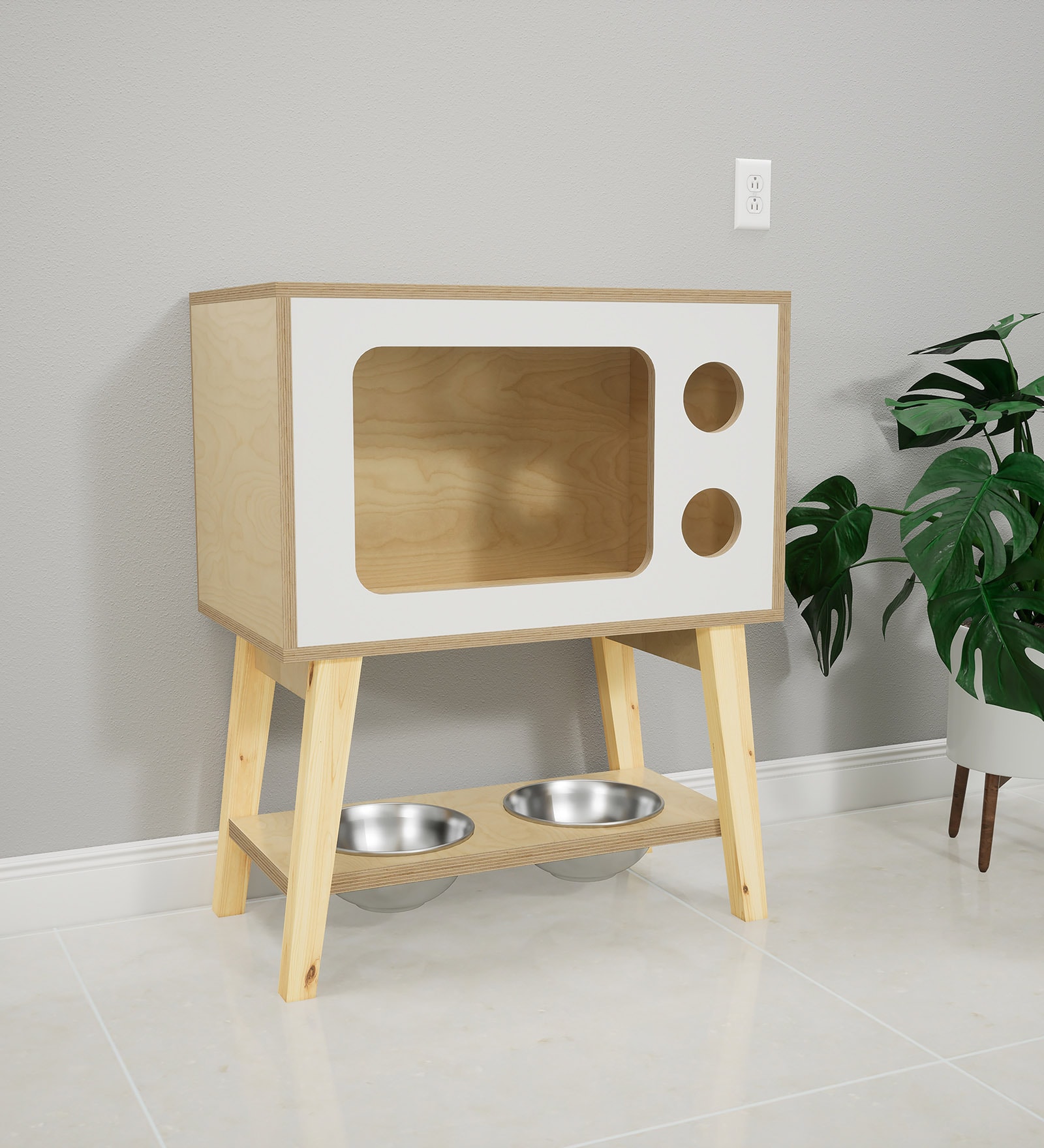 Classic TV Cat House in Natural Finish with Bowl