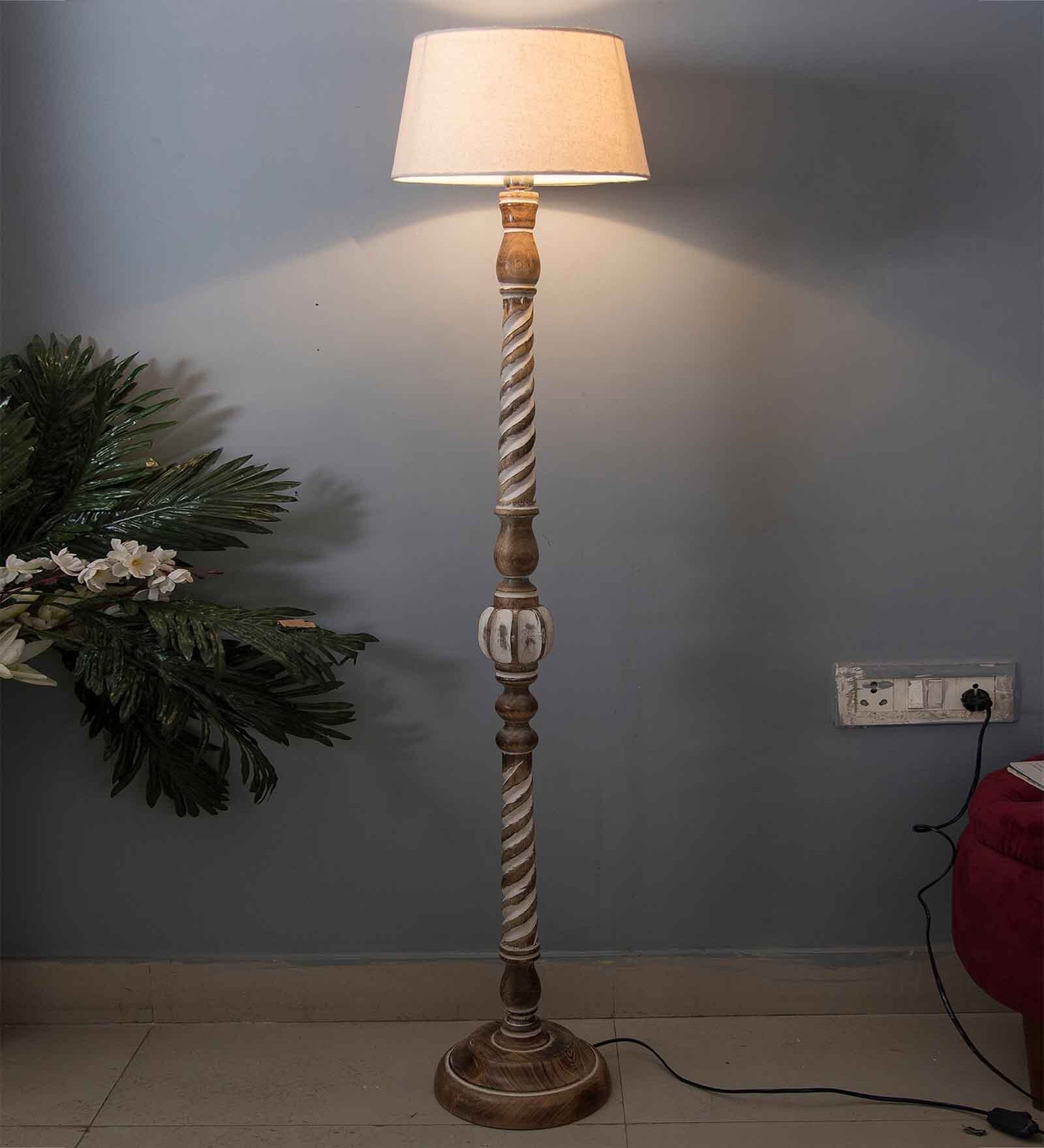 Classic Twister Antique White Finish Wooden Floor Lamp with Khadi Shade
