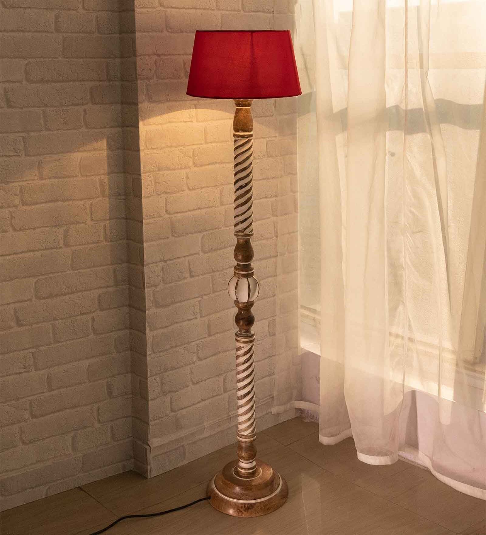 Classic Twister Antique White Finish Wooden Floor Lamp with Red Shade