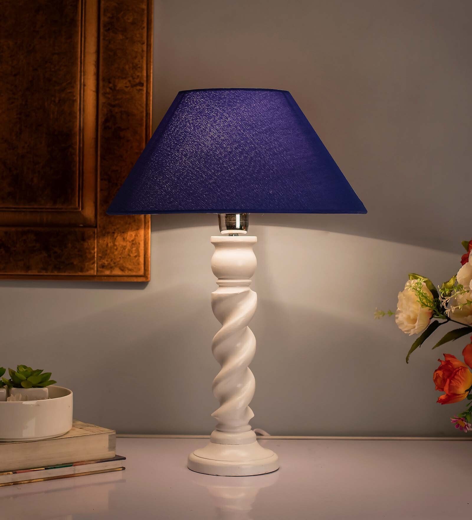 Classic Twister Table Lamp White With Blue Shade