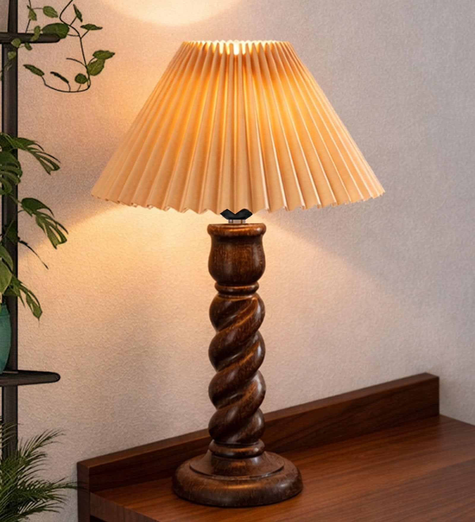 Classic Twister Wooden Table Lamp with Pleated Shade for Home D cor