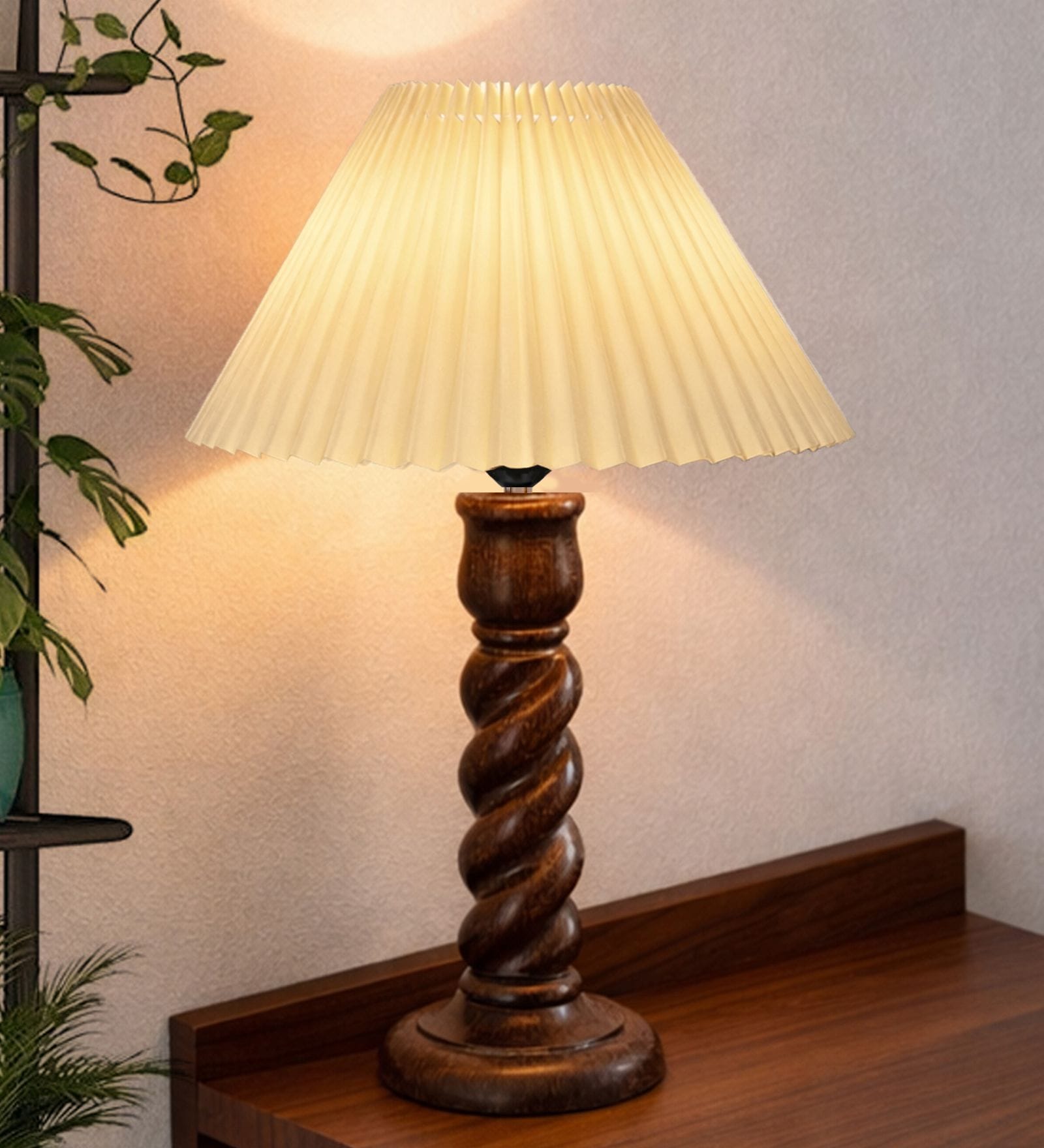 Classic Twister Wooden Table Lamp with Pleated Shade for Home D cor