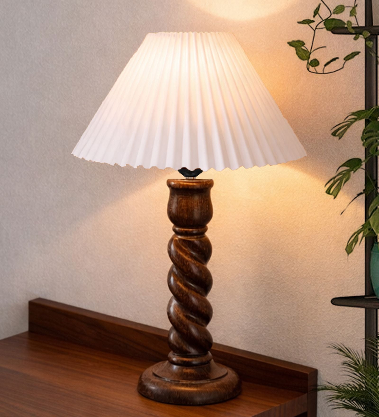 Classic Twister Wooden Table Lamp with Pleated Shade for Home D cor