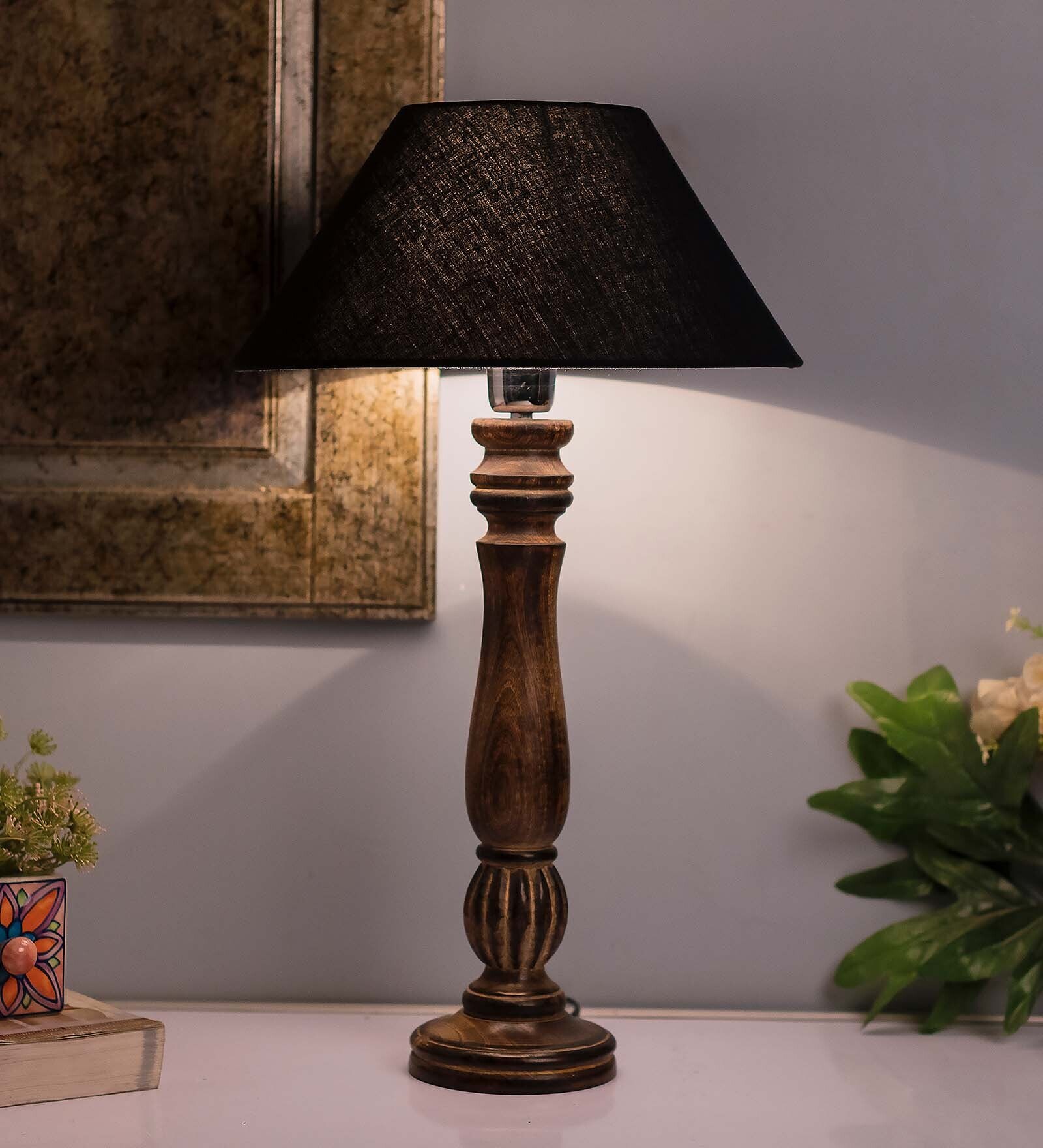 Classic Victorian Black Wood Table Lamp with Black Shade