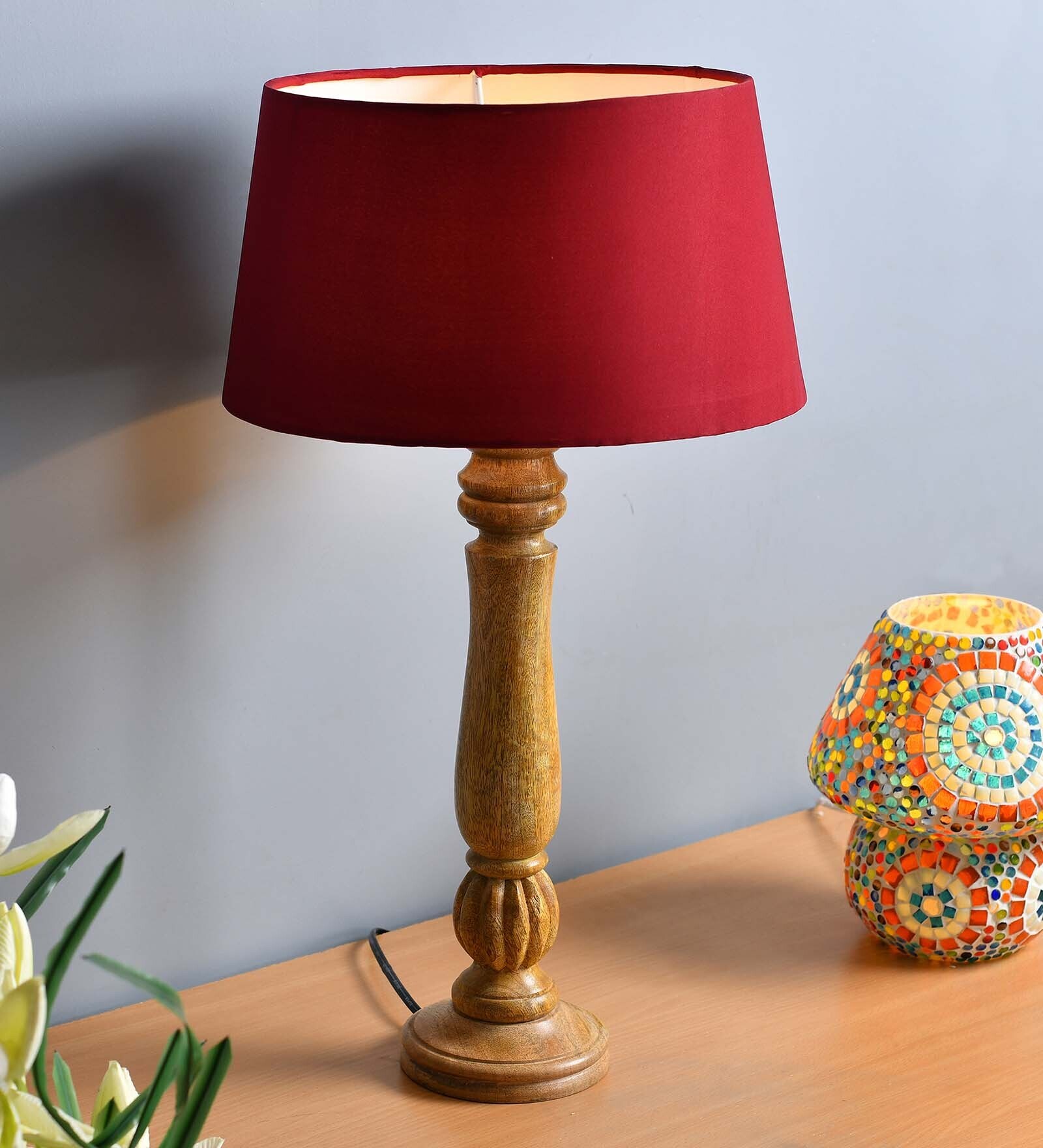 Buy Classic Victorian Natural Wood Table Lamp With Blue Shade at 42