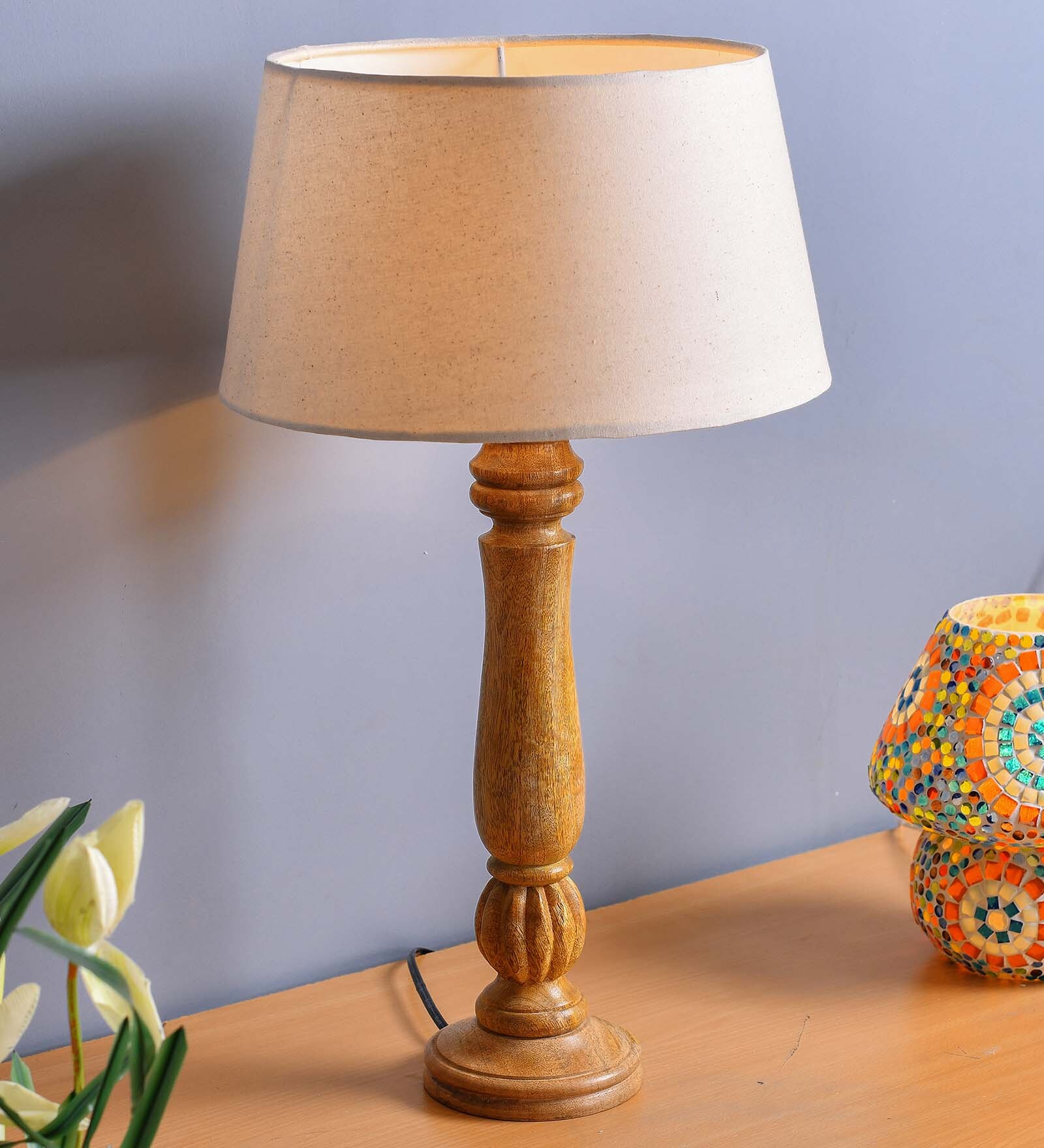 Classic Victorian Natural Wood Table Lamp With Green Shade