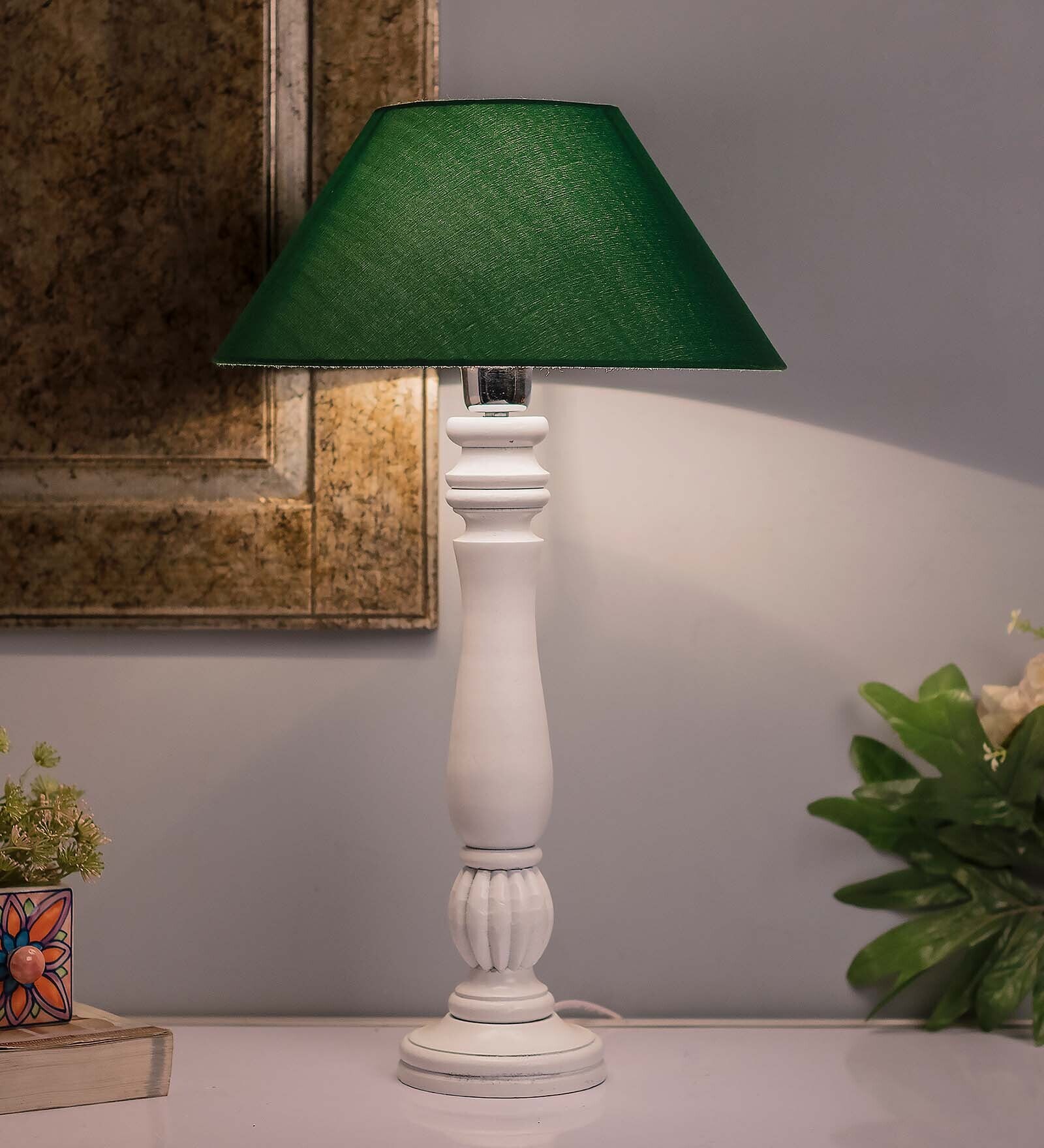Classic Victorian White Wood Table Lamp With Green Shade