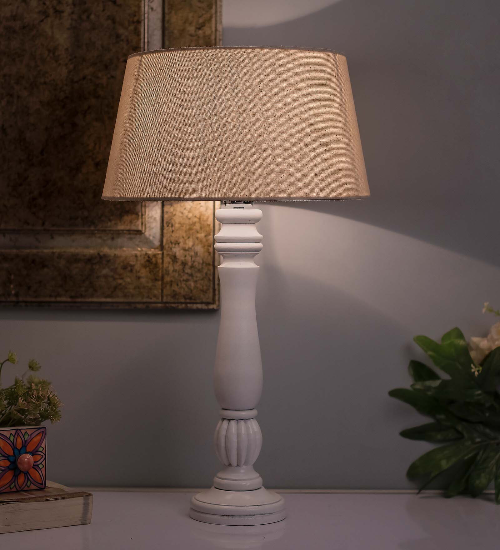 Classic Victorian White Wood Table Lamp With Khadi Shade