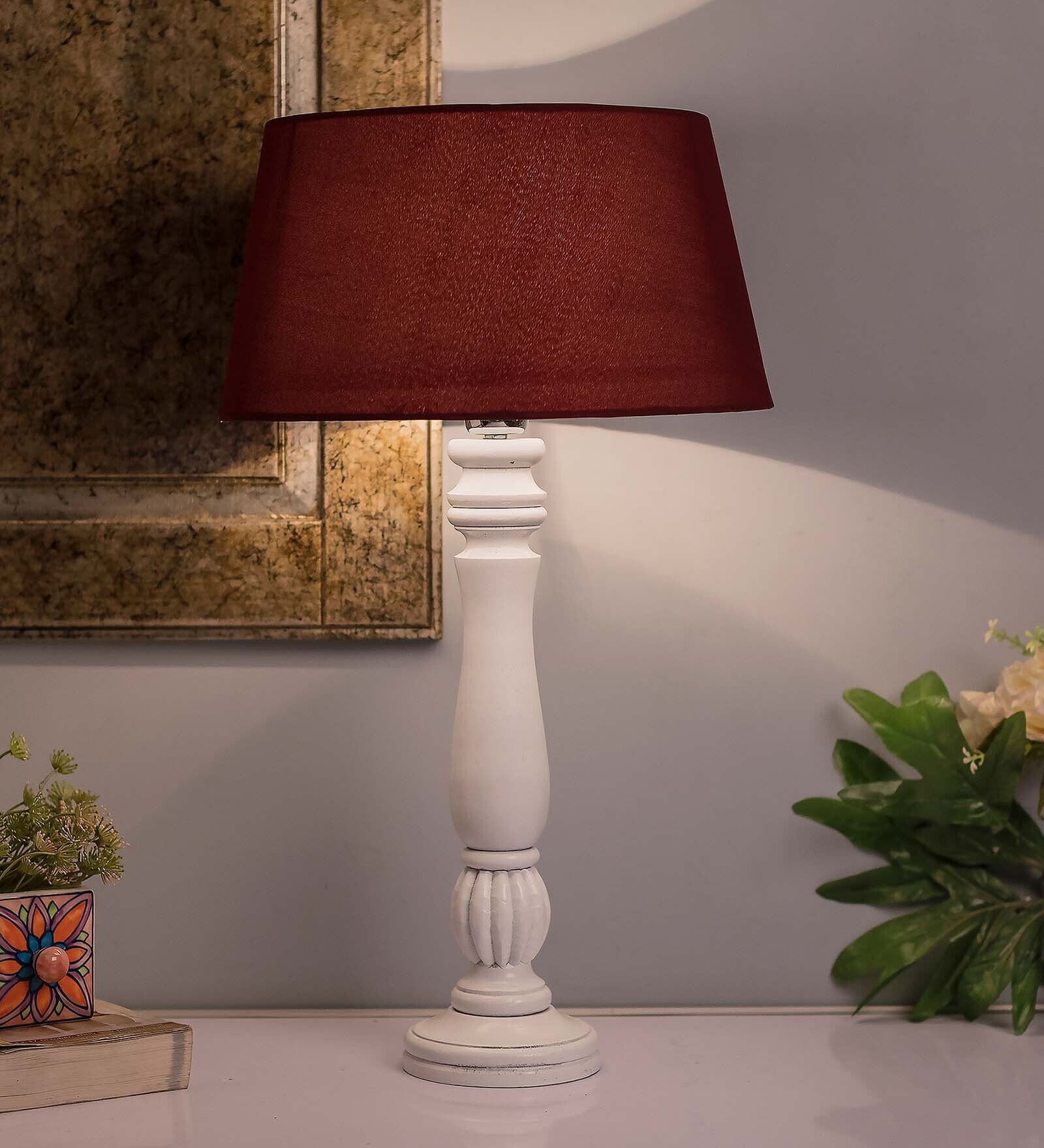 Classic Victorian White Wood Table Lamp With Red Shade