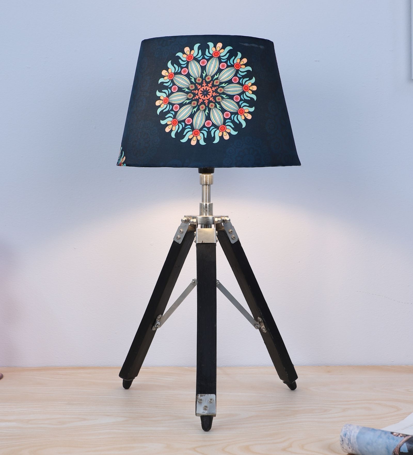 Classic Vintage Tripod Black Mangowood Table Lamp With French Floral Print Satin Shade