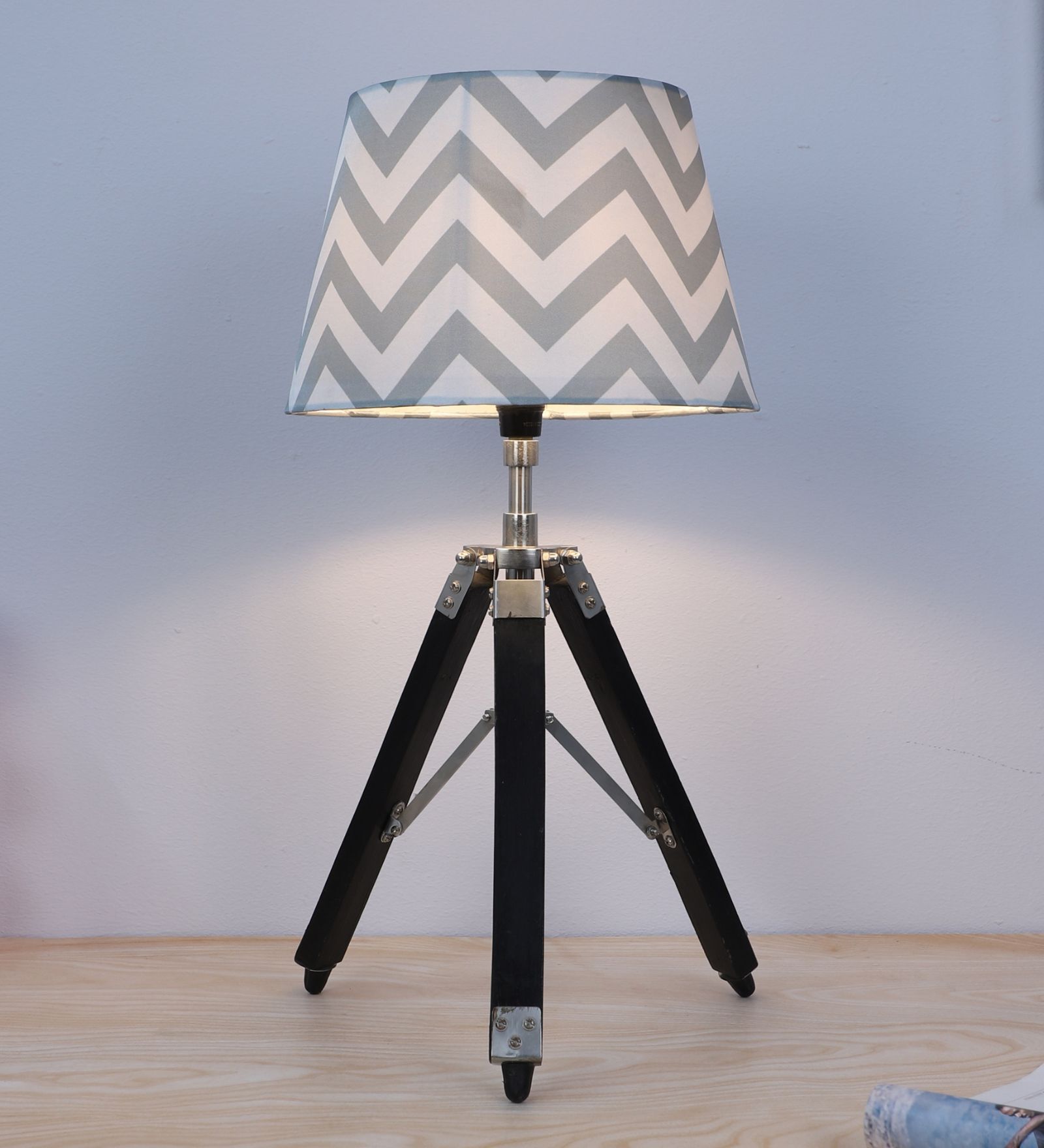 Classic Vintage Tripod Black Mangowood Table Lamp With Maze Print Satin Shade