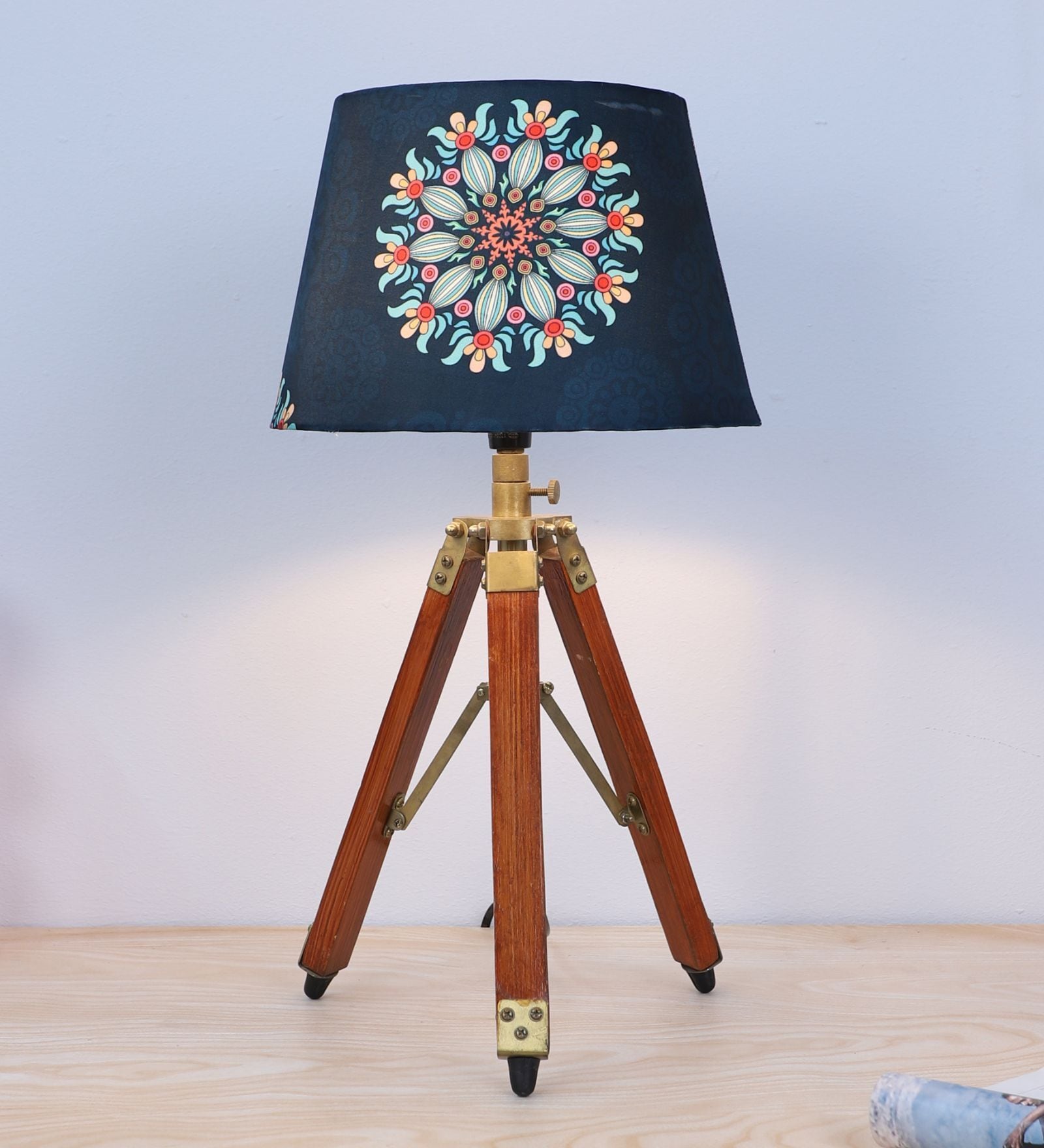 Classic Vintage Tripod Brown Mangowood Table Lamp With French Floral Print Satin Shade