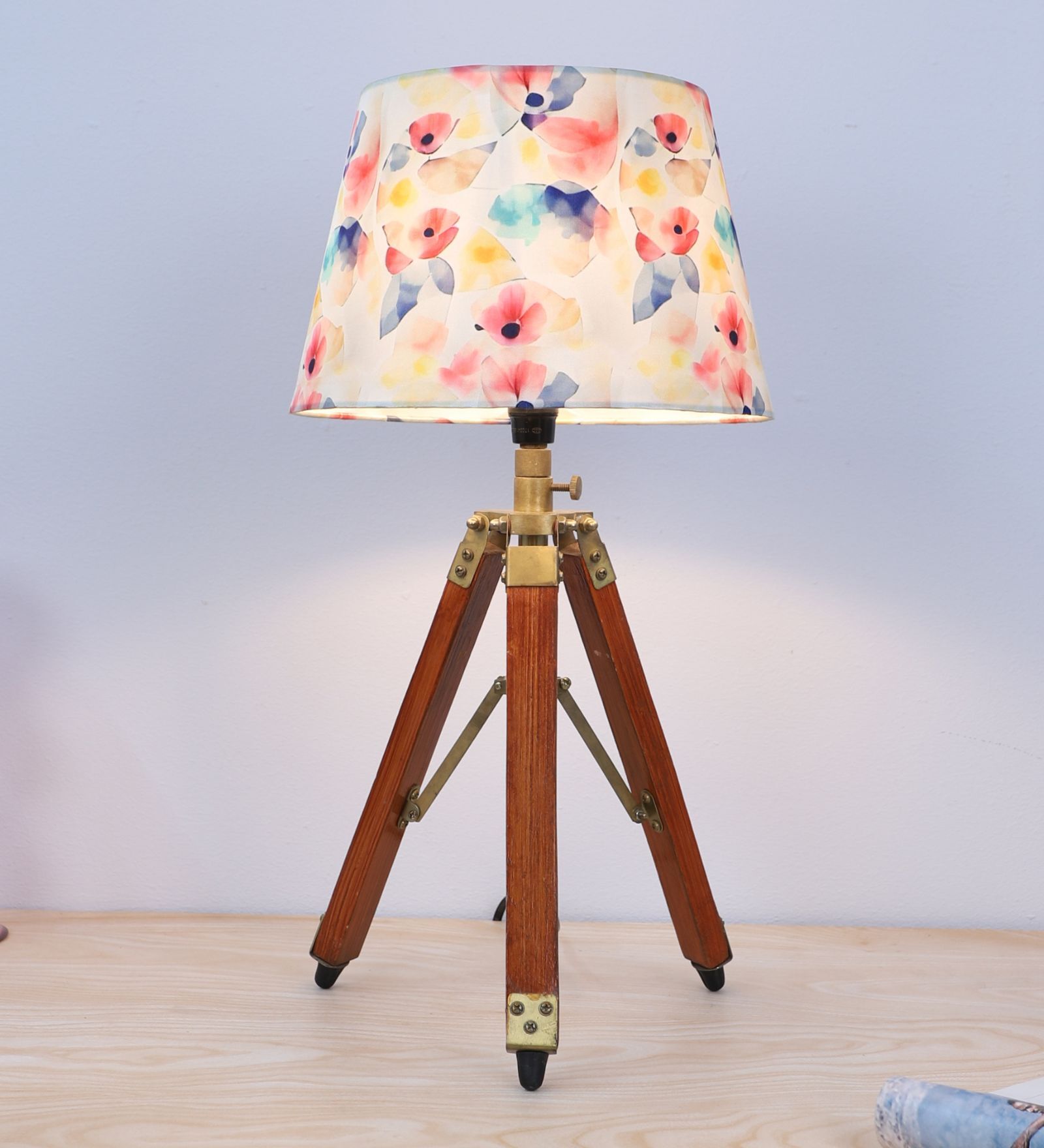 Classic Vintage Tripod Brown Mangowood Table Lamp With Flower Print Satin Shade