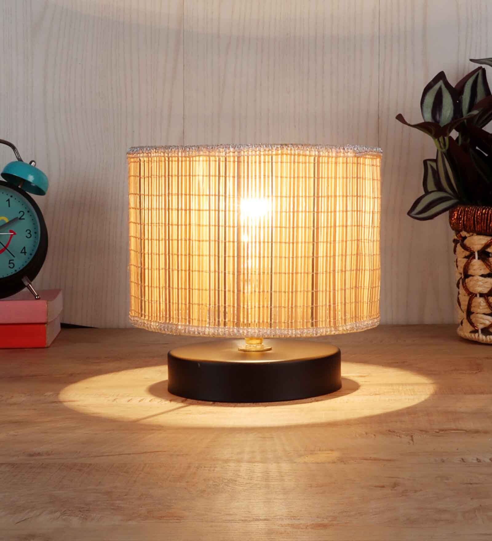 Classic Wooden Night Lamp with Bamboo Shade (Black & Beige)