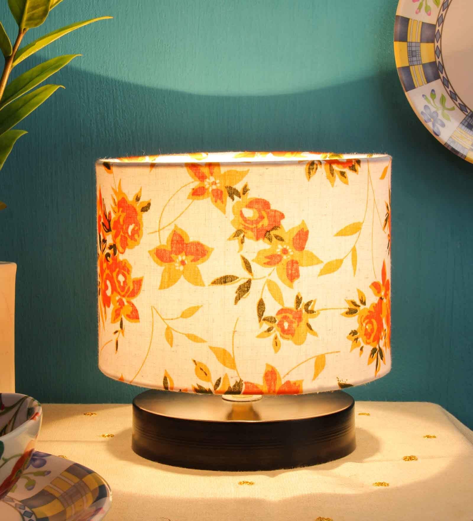 Classic Wooden Night Lamp with Cotton Shade (Black & Multicolor)