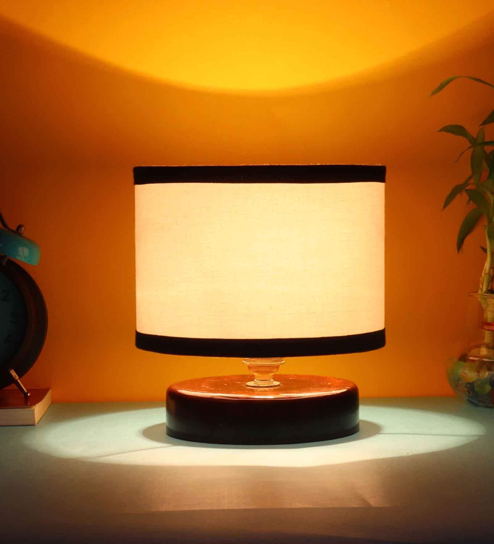 Classic Wooden Night Lamp with Cotton Shade (Brown & Multicolor)