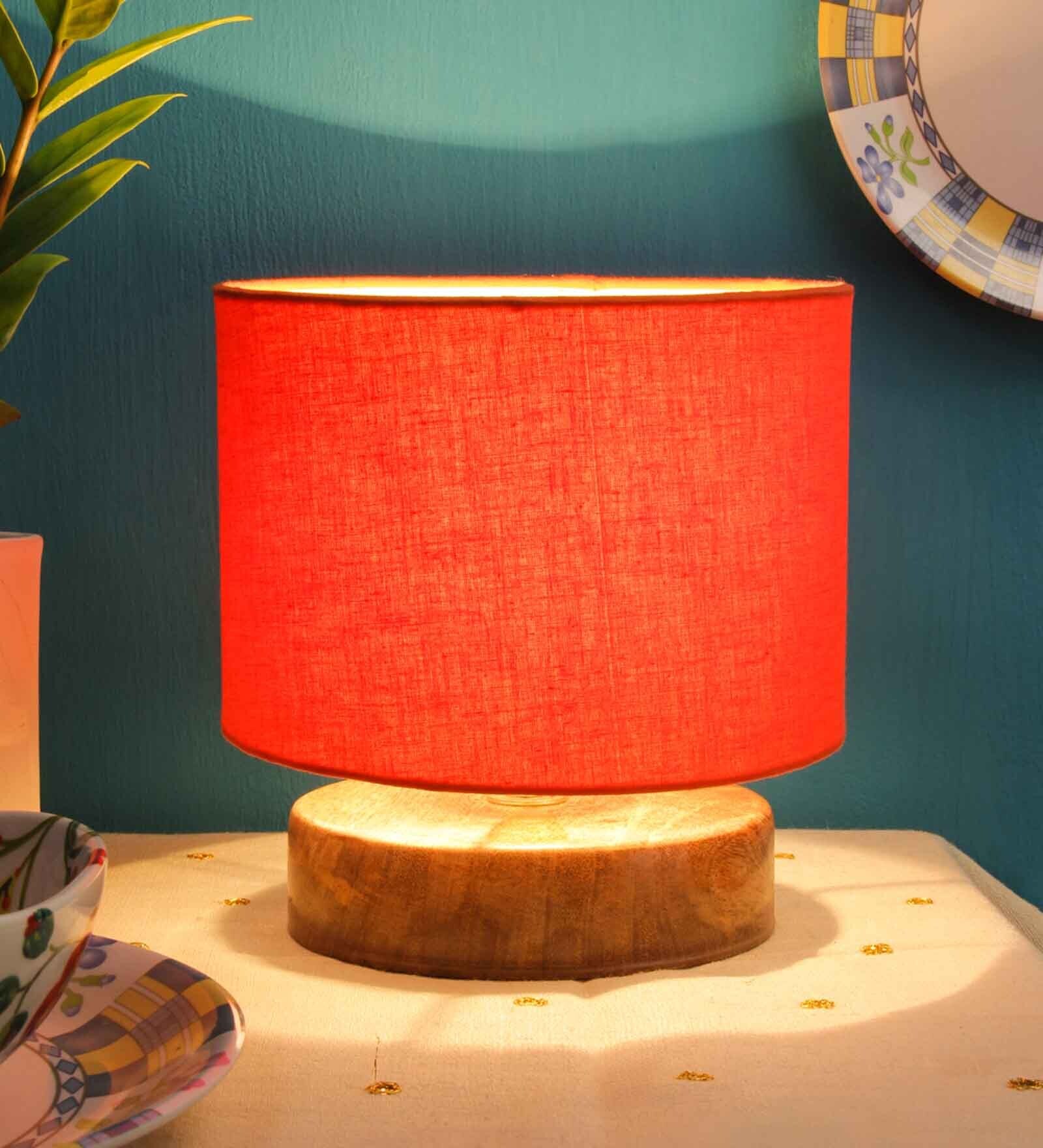 Classic Wooden Night Lamp with Cotton Shade (Natural & Orange)