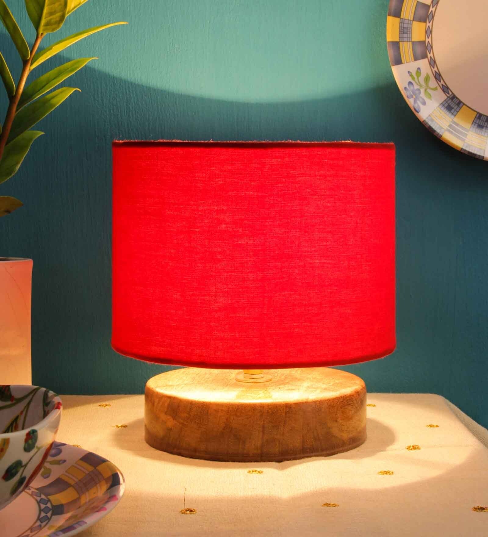 Classic Wooden Night Lamp with Cotton Shade (Natural & Red)