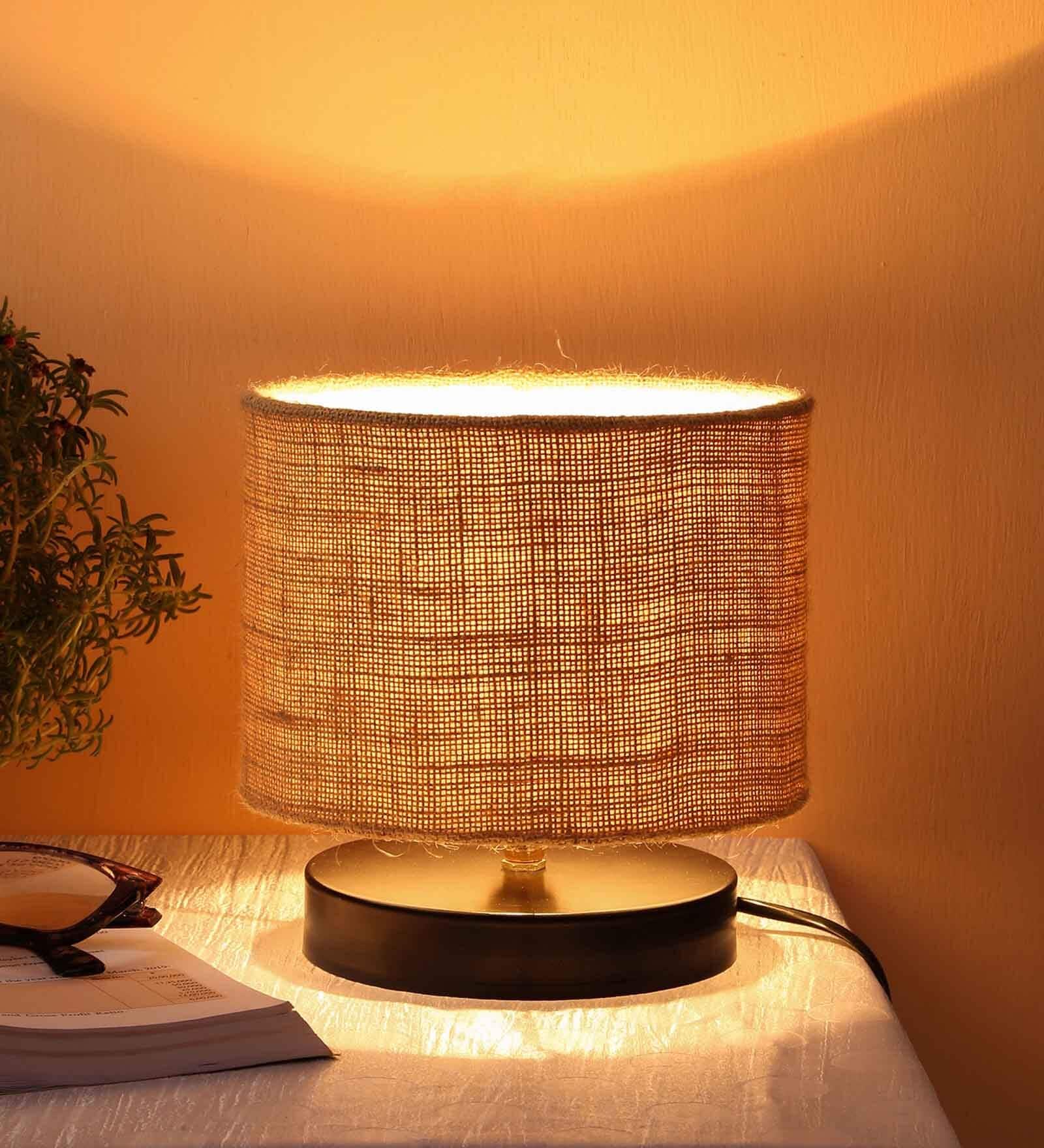 Classic Wooden Night Lamp with Jute Shade (Black & Beige)
