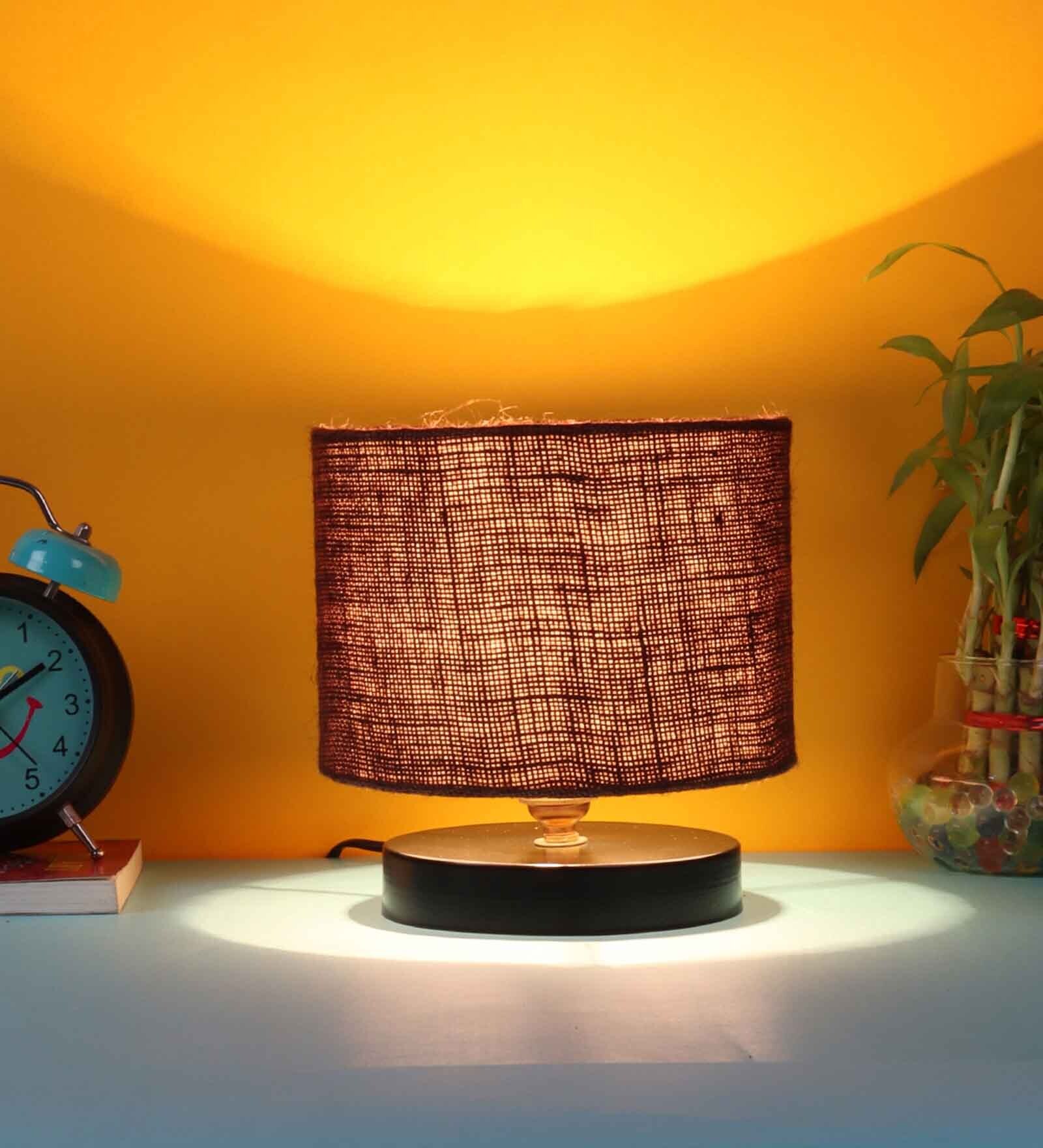 Classic Wooden Night Lamp with Jute Shade (Black & Brown)