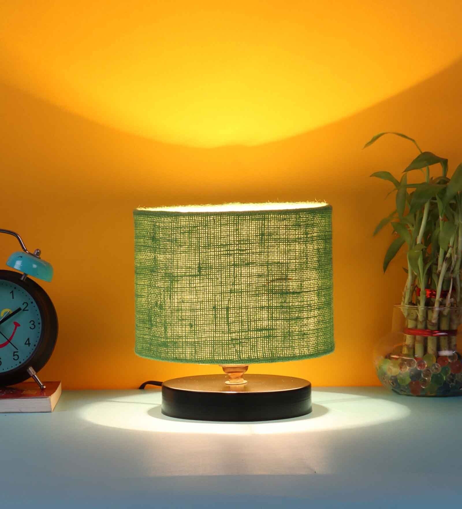 Classic Wooden Night Lamp with Jute Shade (Black & Green)