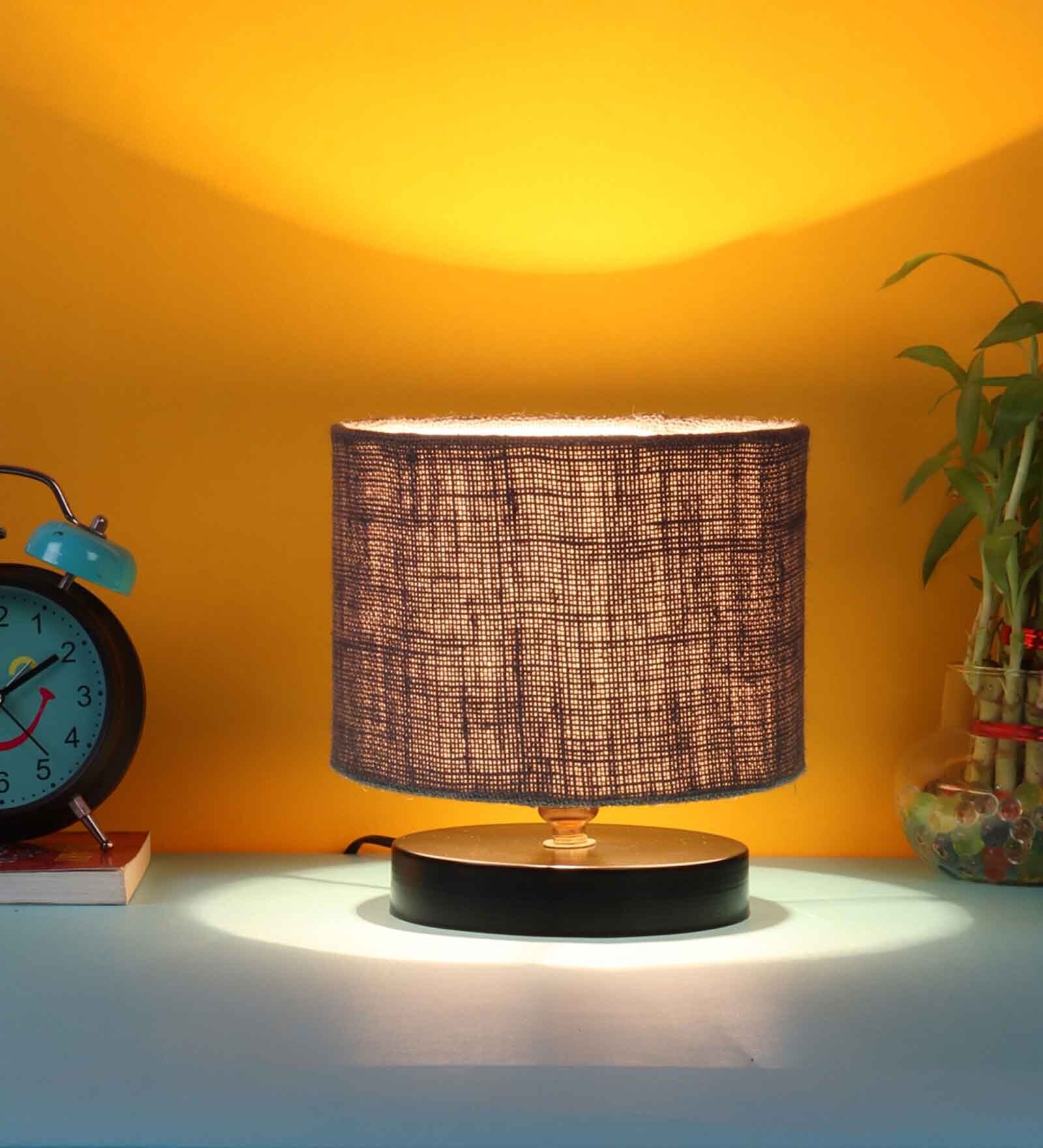 Classic Wooden Night Lamp with Jute Shade (Black & Grey)
