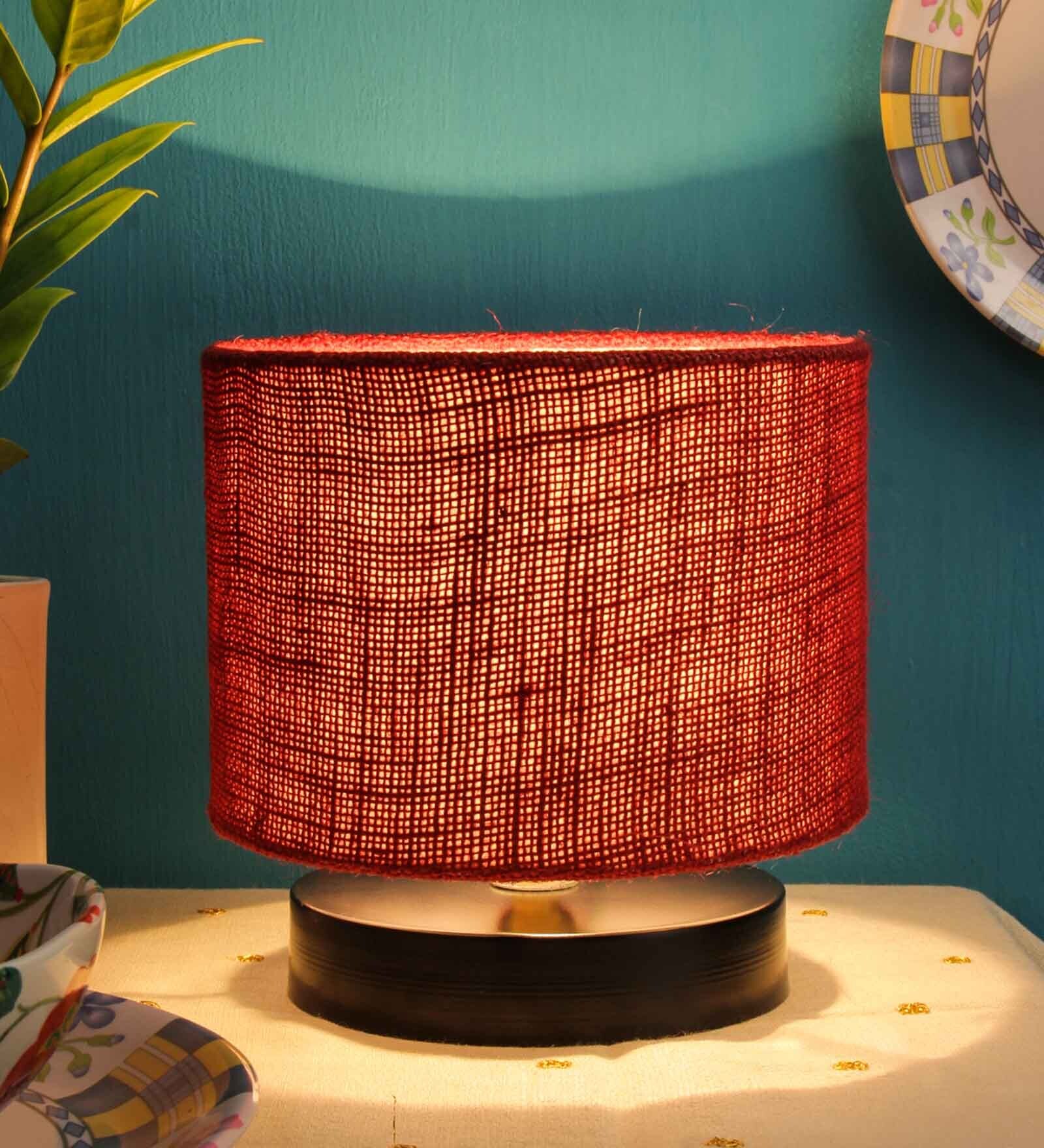 Classic Wooden Night Lamp with Jute Shade (Black & Maroon)