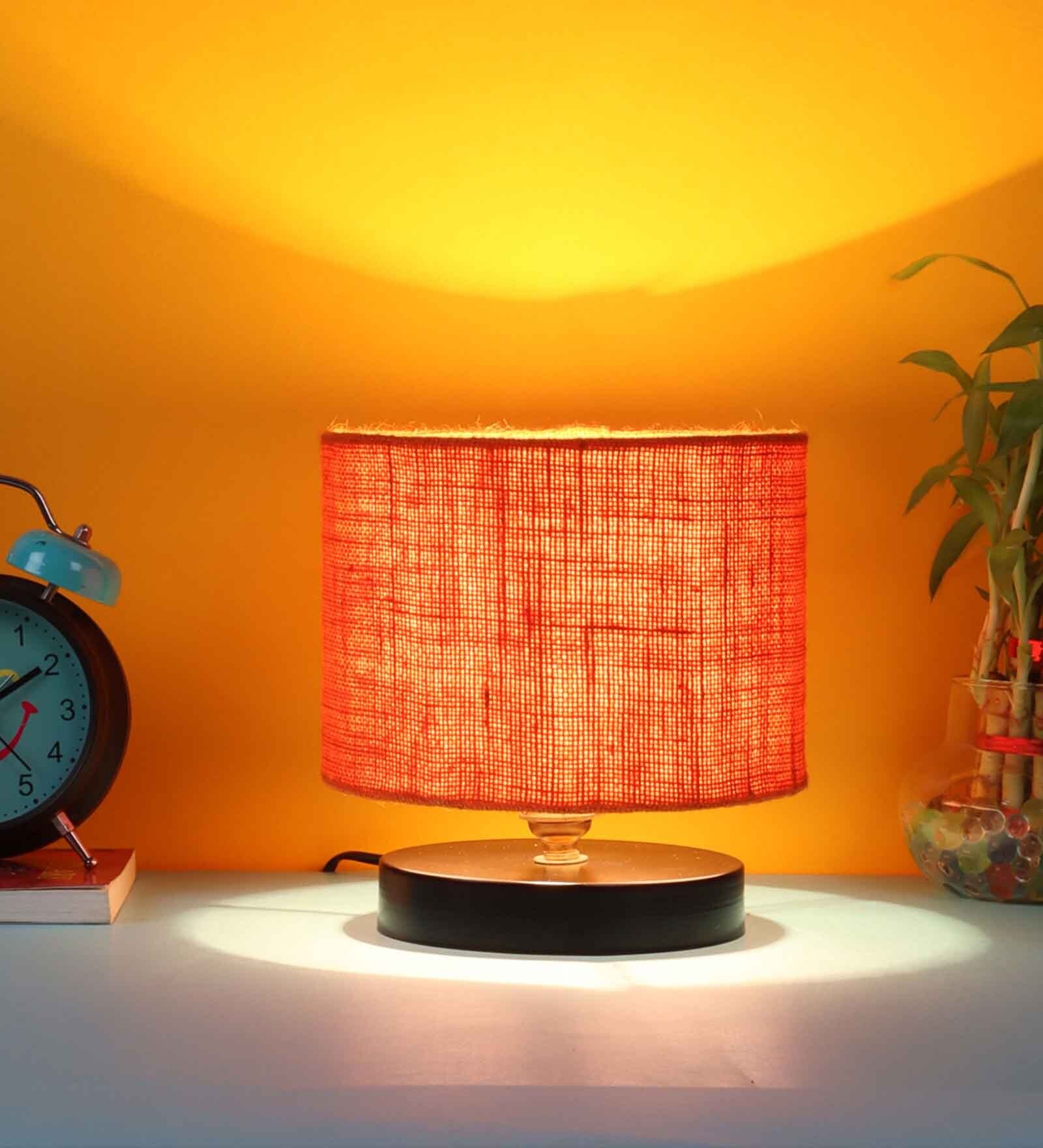 Classic Wooden Night Lamp with Jute Shade (Black & Orange)