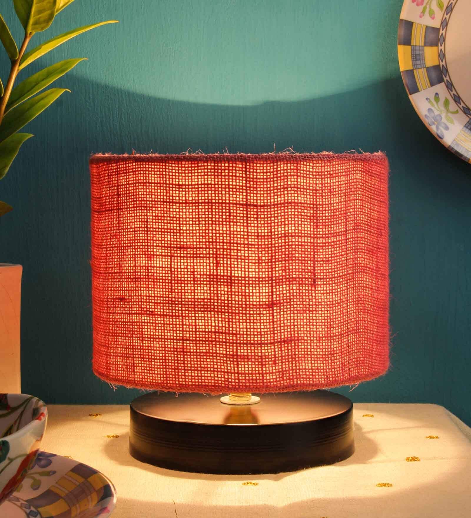 Classic Wooden Night Lamp with Jute Shade (Black & Pink)