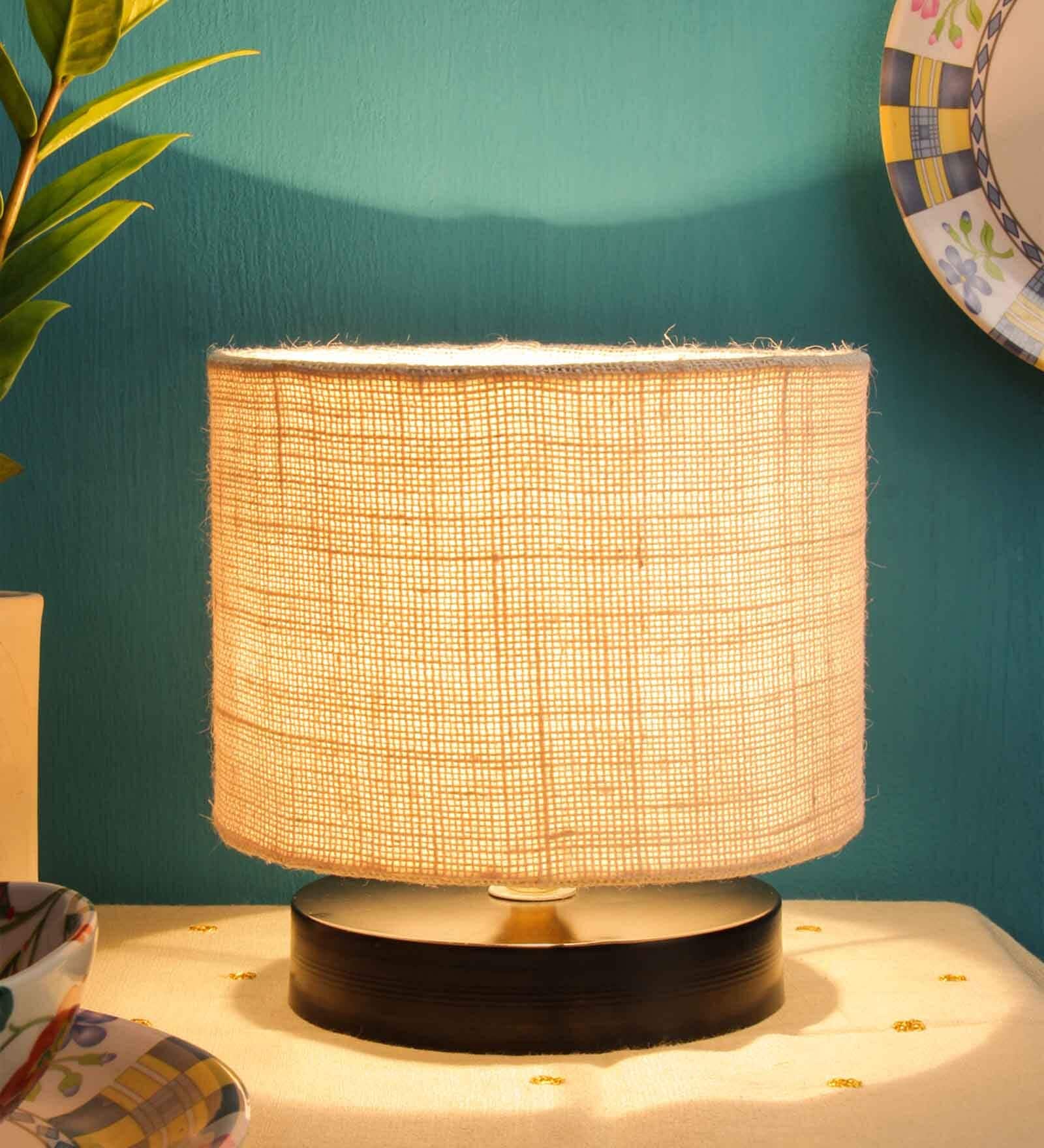 Classic Wooden Night Lamp with Jute Shade (Black & White)