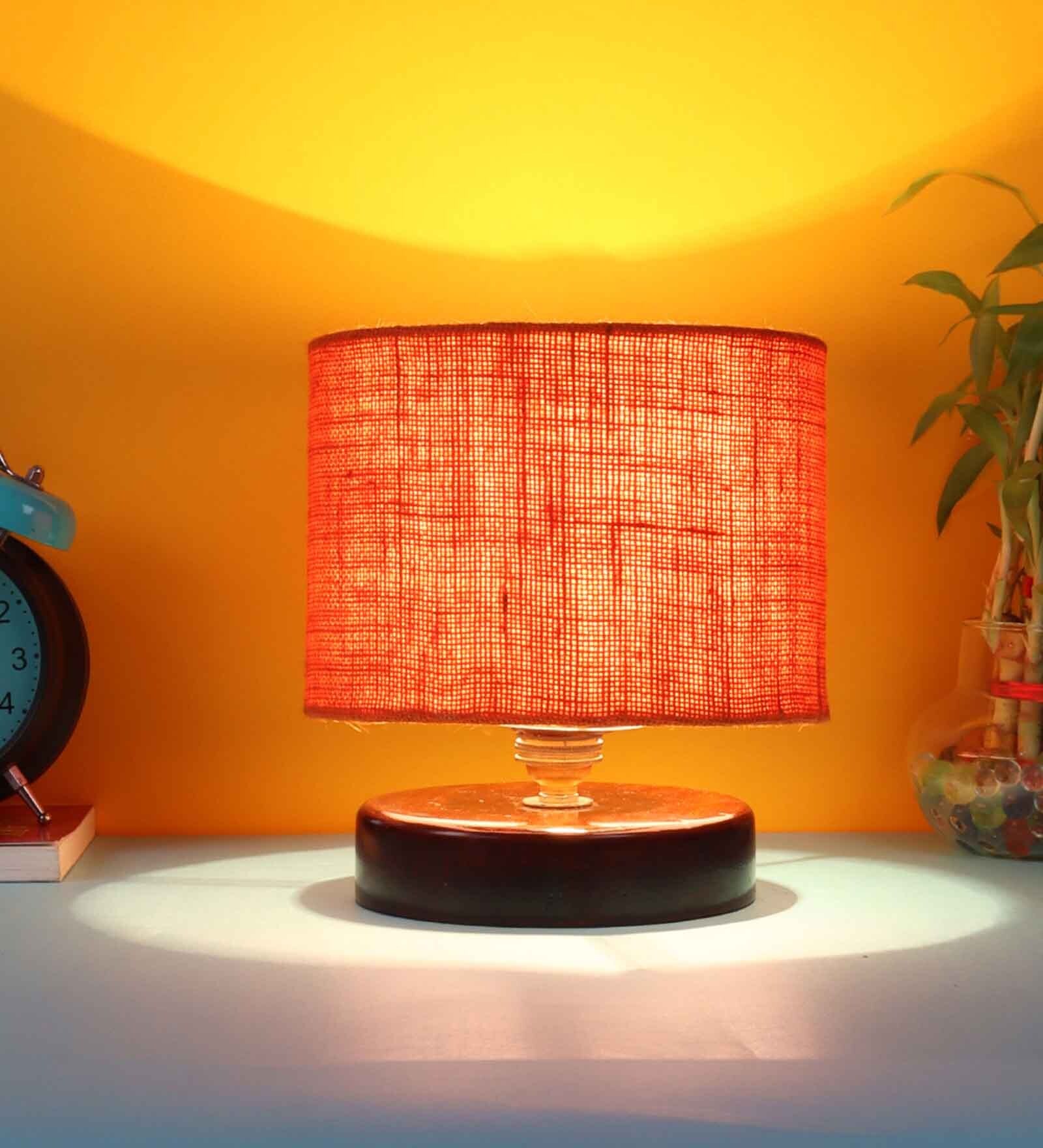 Classic Wooden Night Lamp with Jute Shade (Brown & Orange)