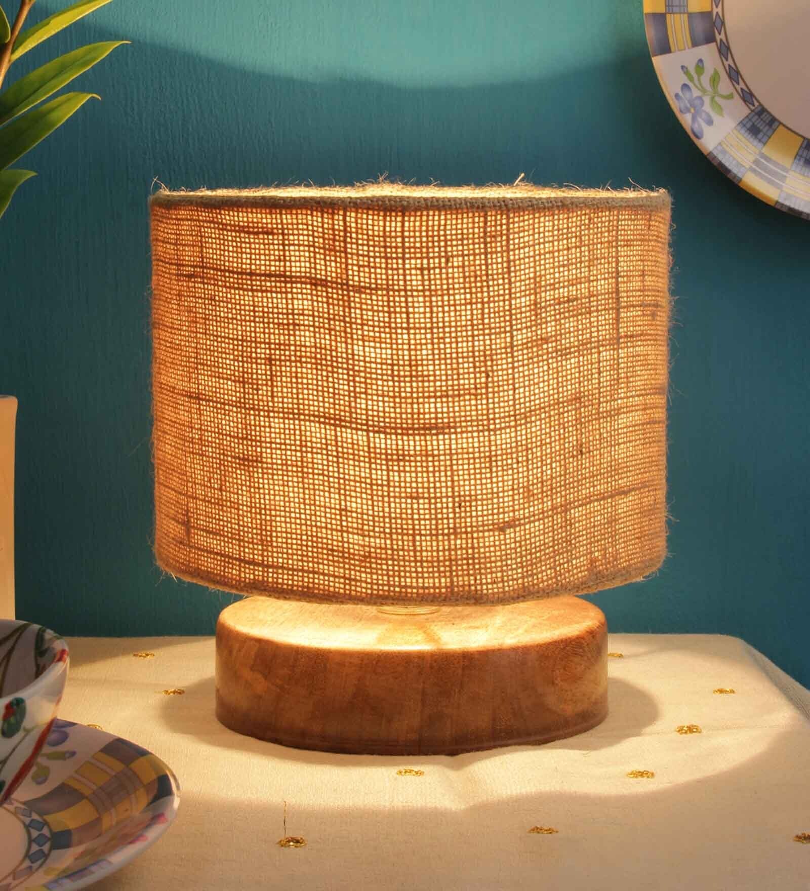 Classic Wooden Night Lamp with Jute Shade (Natural & Beige)