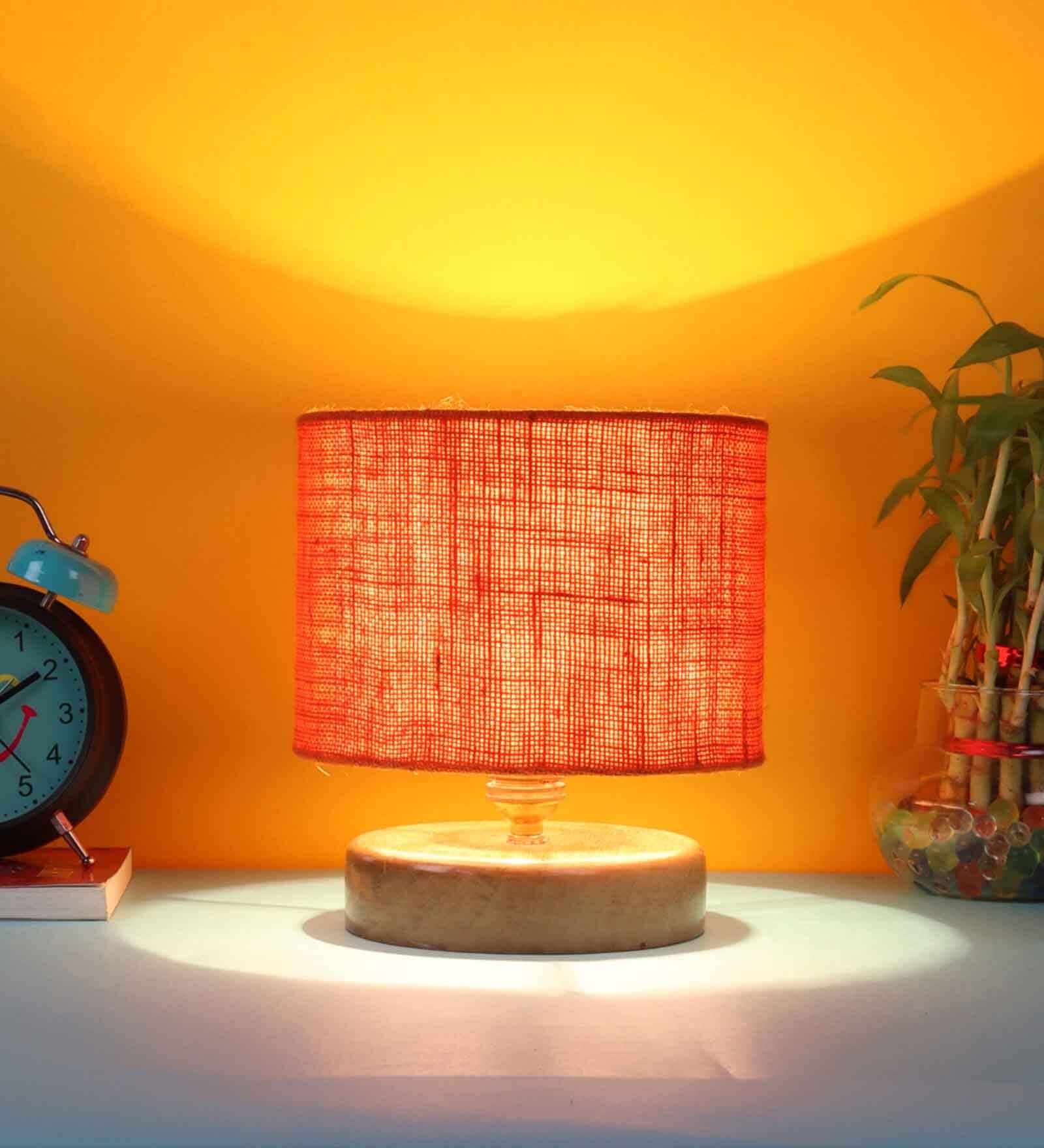 Classic Wooden Night Lamp with Jute Shade (Natural & Orange)