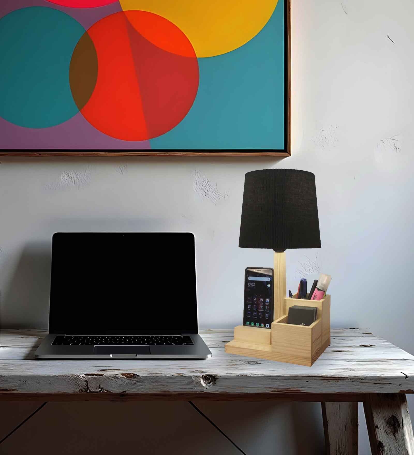Classic Wooden Shelf Table Lamp with Jute Shade & Brown Base