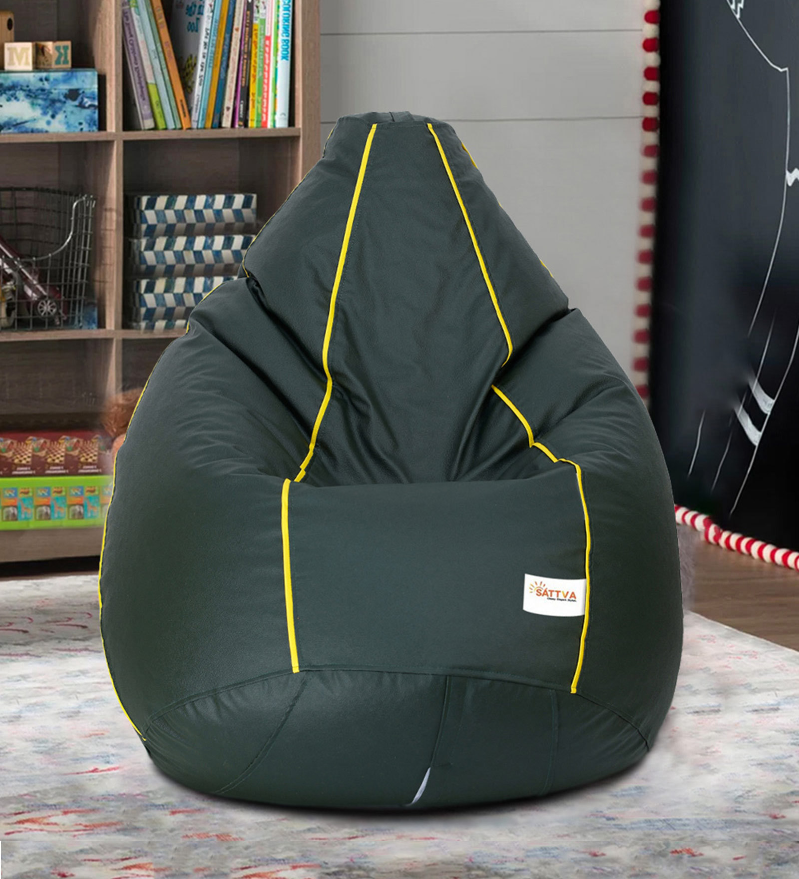 Classic XXL Leatherette Bean Bag with Beans in Dark Green with Yellow Piping Colour
