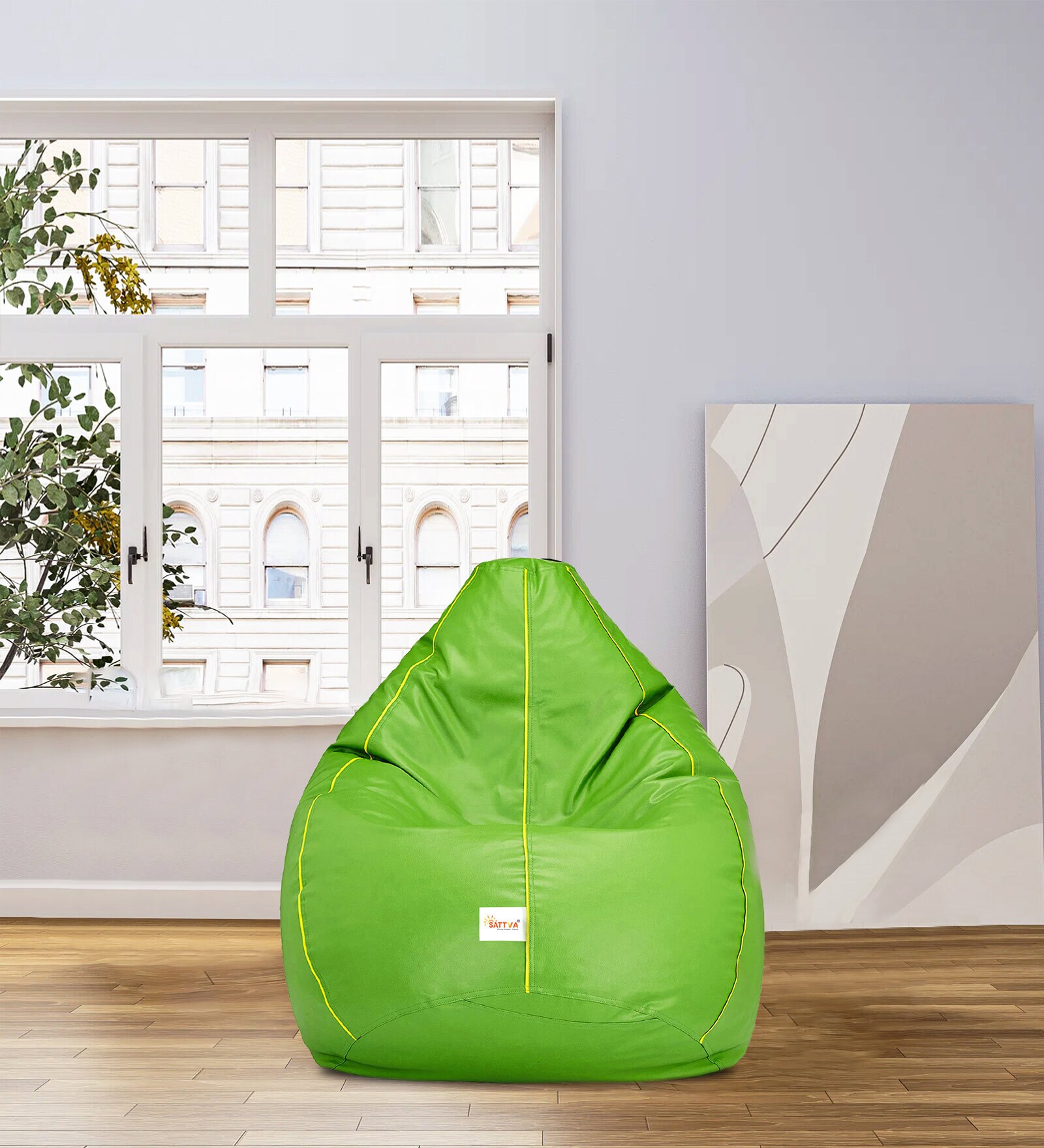 Buy Classic XXL Leatherette Bean Bag with Beans in Yellow Piping & Neon