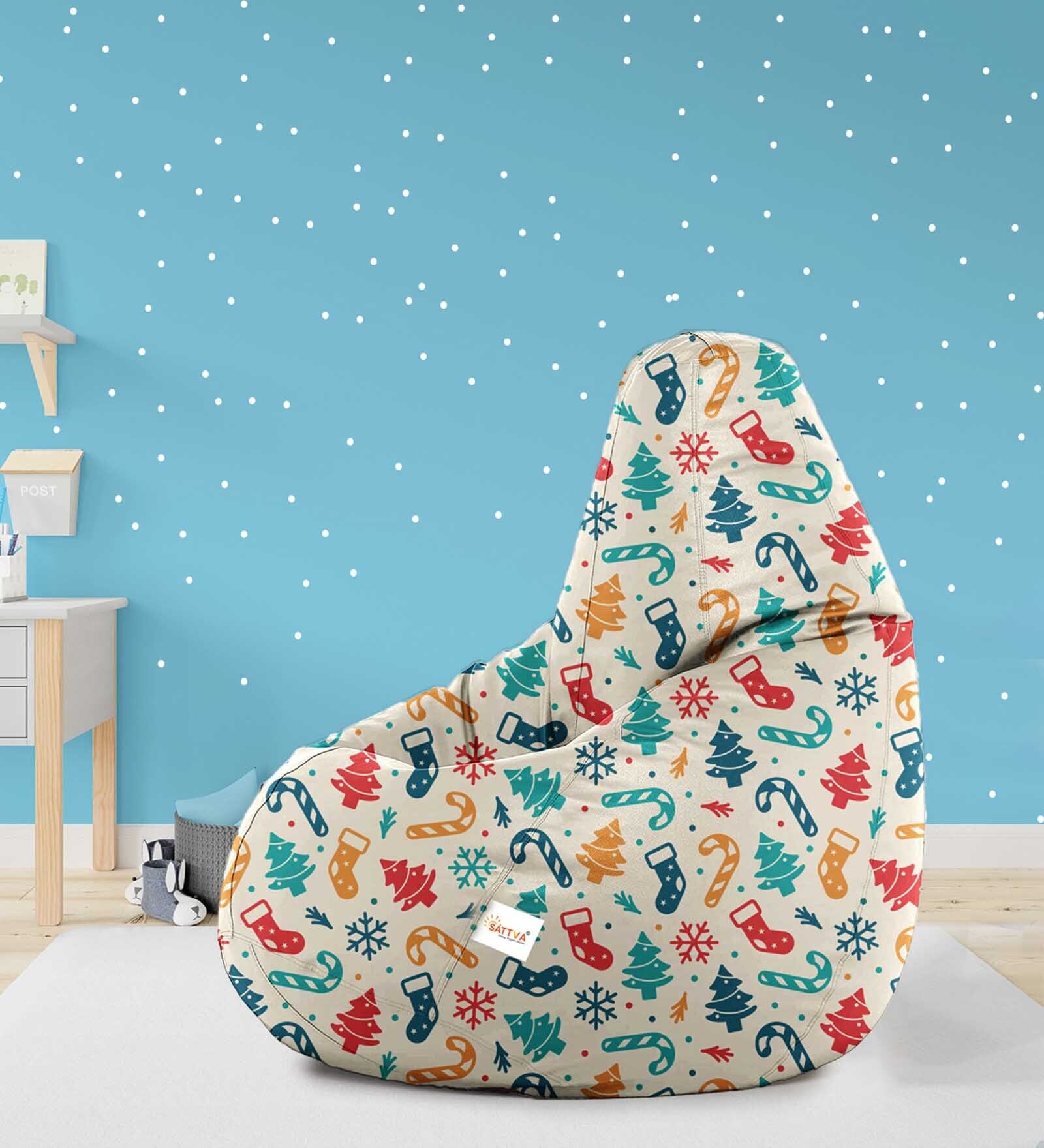 Classic Snowflakes Print XXL Fabric Bean Bag with Beans in Multi Colour