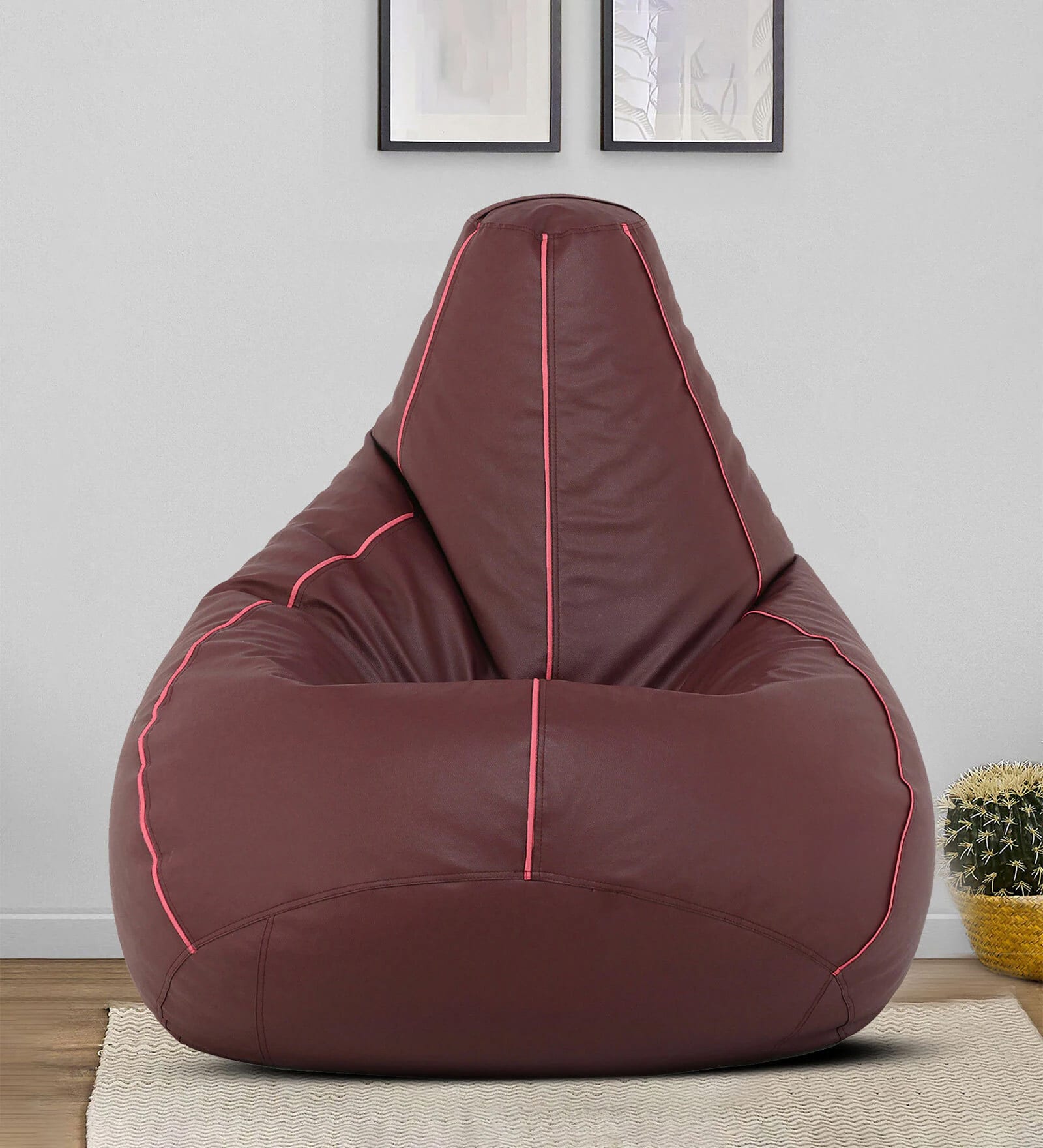 Classic XXL Leatherette Bean Bag with Beans in Pink Piping  & Maroon Colour