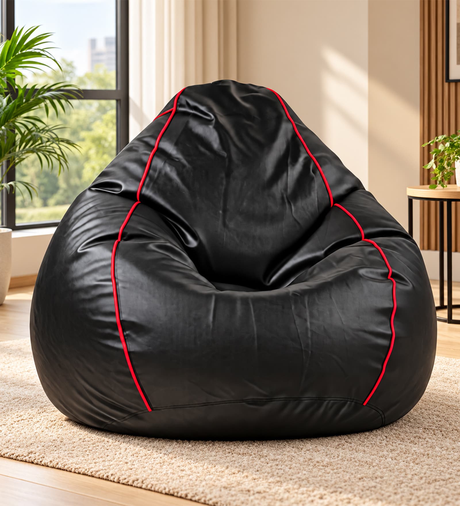 Classic XXXL Leatherette Bean Bag With Beans In Black with Pink Piping