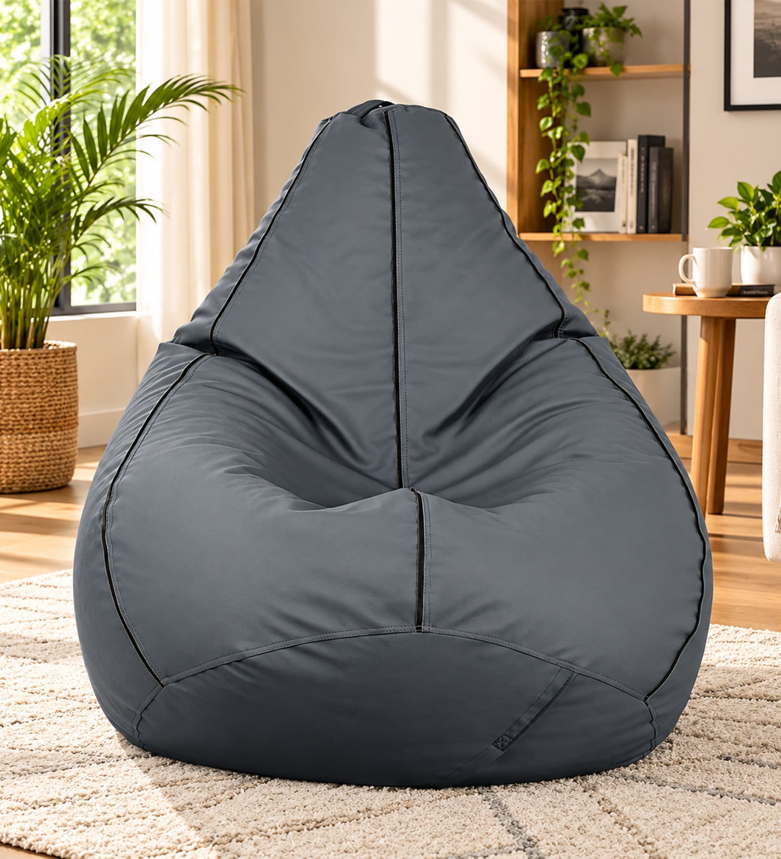 Classic XXXL Leatherette Bean Bag With Beans In Grey with BlackPiping Classic XXXL Leatherette Bean Bag With Beans In Grey with BlackPiping