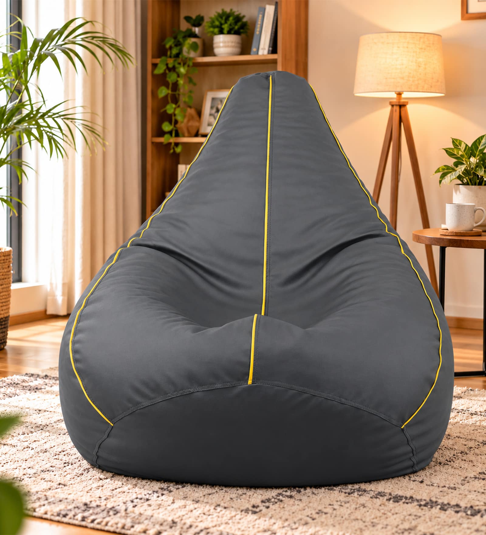 Classic XXXL Leatherette Bean Bag With Beans In Grey with Yellow Piping