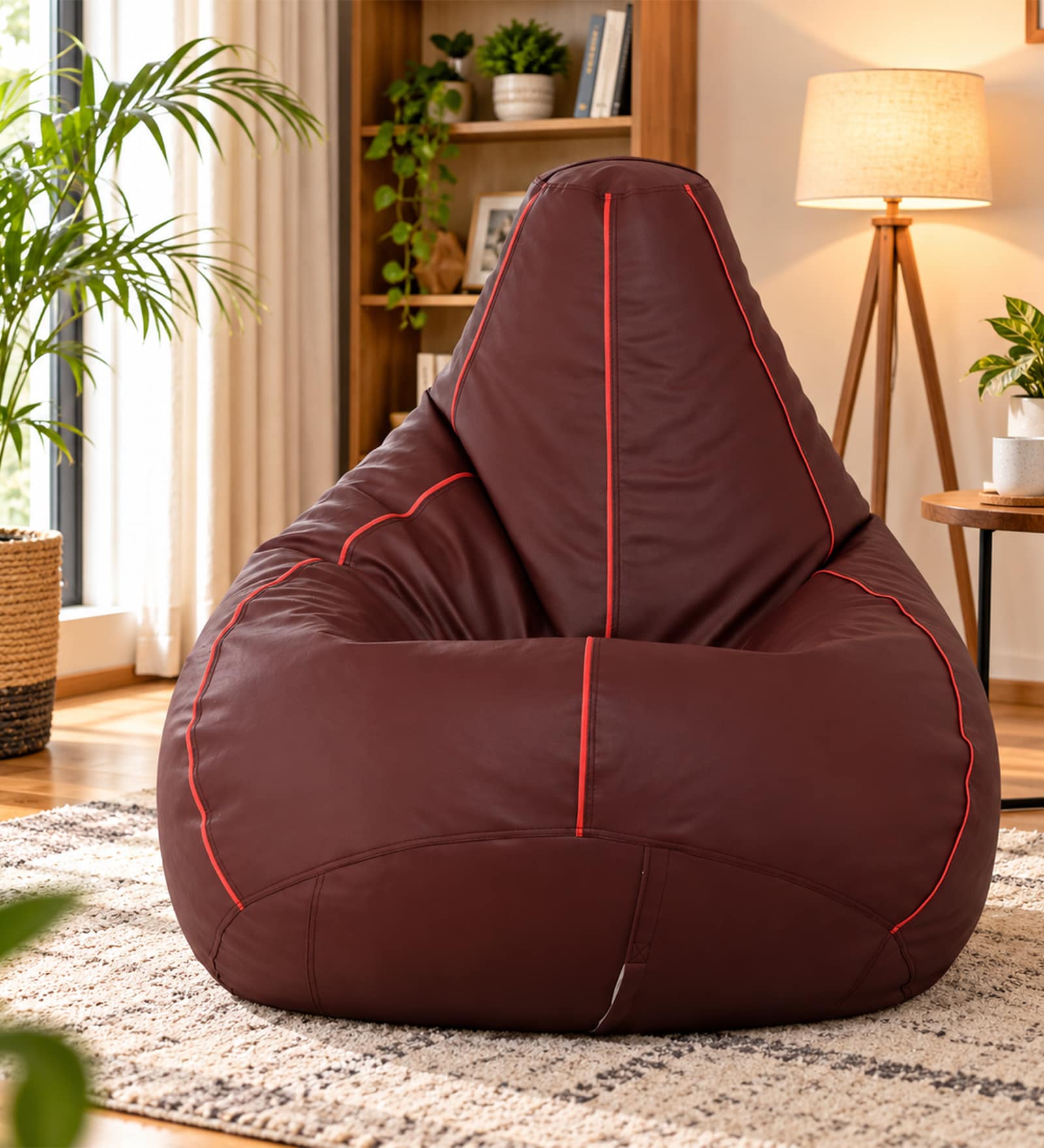 Classic XXXL Leatherette Bean Bag With Beans In Maroon with Pink Piping Classic XXXL Leatherette Bean Bag With Beans In Maroon with Pink Piping