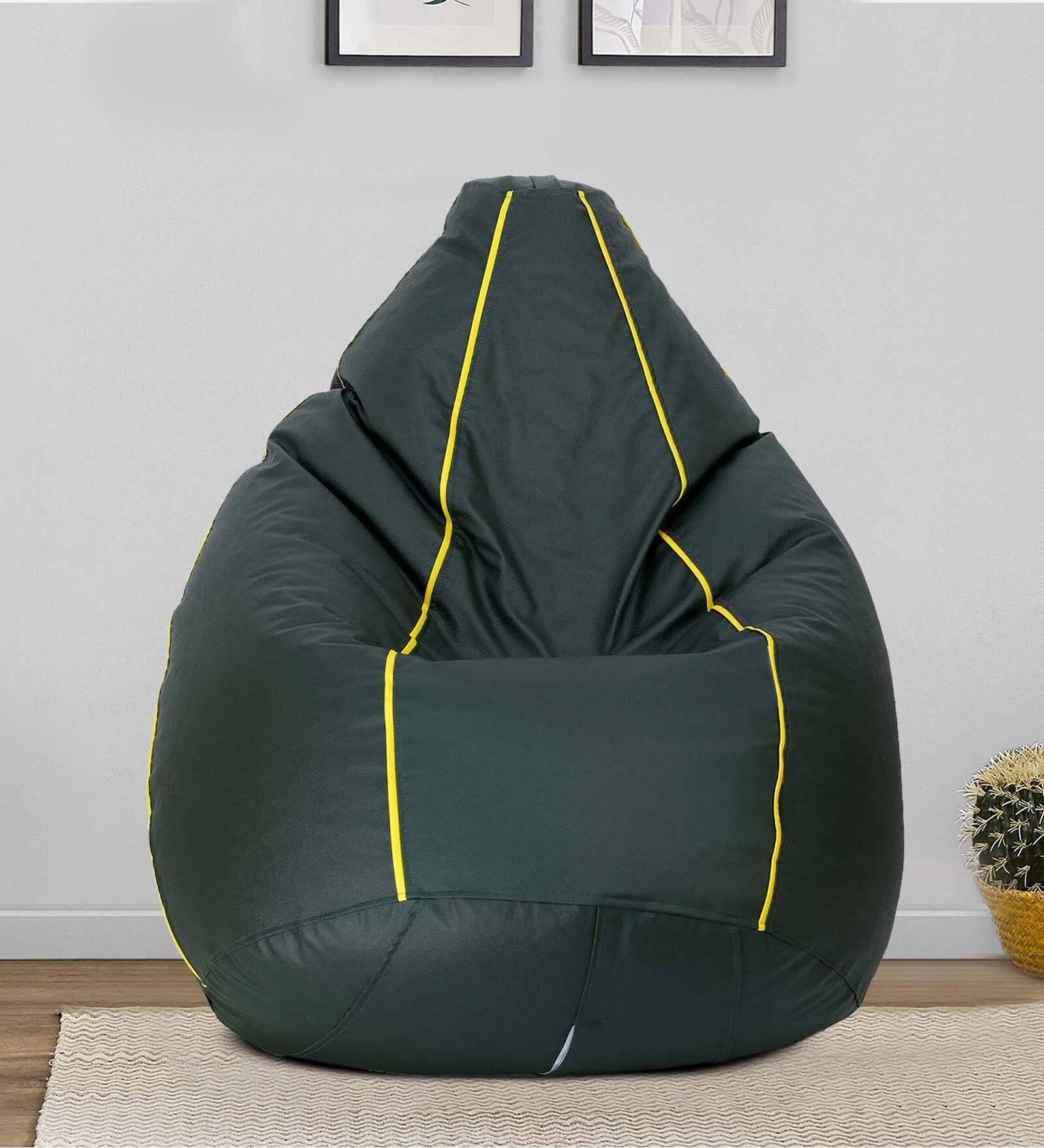 Classic XXXL Leatherette Bean Bag with Beans in Yellow Piping  & Dark Green Colour