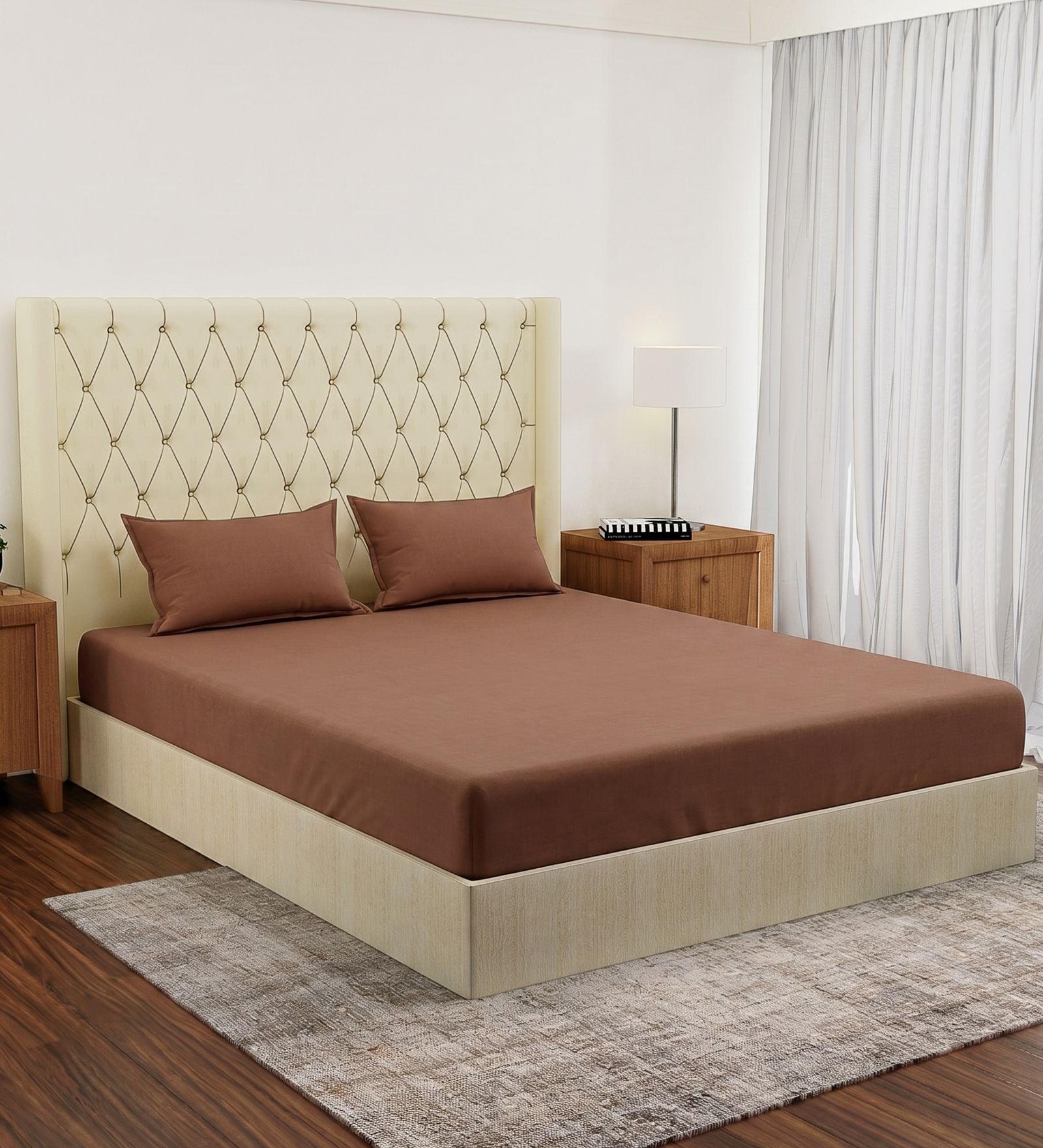 Brown Solid 210 TC Cotton King Sized Bedsheet With 2 Pillow Covers
