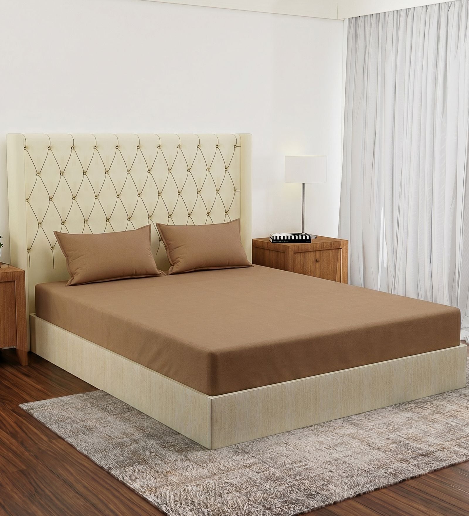 Beige Solid 210 TC Cotton King Sized Bedsheet With 2 Pillow Covers